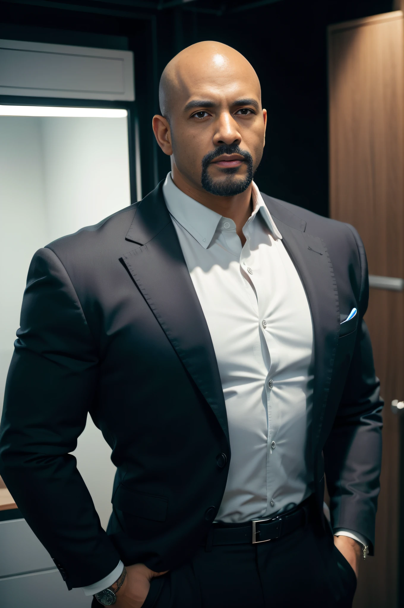 homem 44 anos, funny pose photo realism office male brunette dark skin color detailed hands in pocket