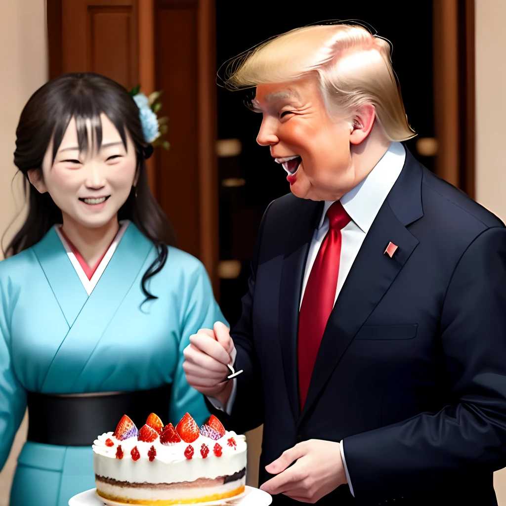 Trump and the Japanese prime minister grabbed cake to eat,Putin and laughing on the side