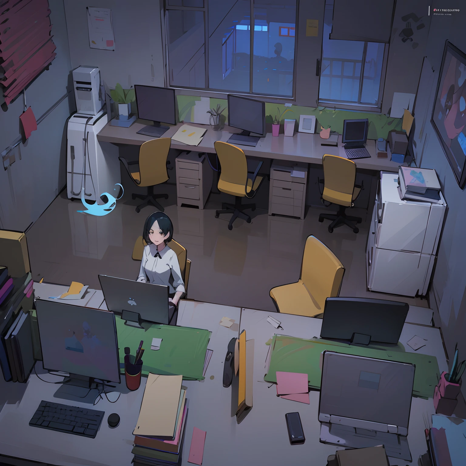 There was a woman sitting at her desk,Holding a laptop, Detailed 2D illustration, keyframe illustration, atey ghailan 8 k, Anime background art, drawn in anime painter studio, personal room background, style of madhouse studio anime, interior background art, Digital anime illustration, office backdrop, arte de fundo, 2D illustration, 2 d illustration