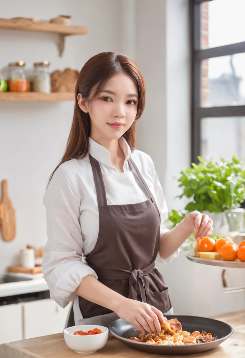 kitchens、fat Woman cooking、overweight, Gilet blanc、White apron、long trousers、Hold the pan in your left hand、Touch your head with your right hand、Background windows let in light、Sunnyday、Background kitchen water practice、fluency、small boobs、Cute smile、horse tailed、Bright environment、busty、4K、A high resolution、tmasterpiece、top-quality