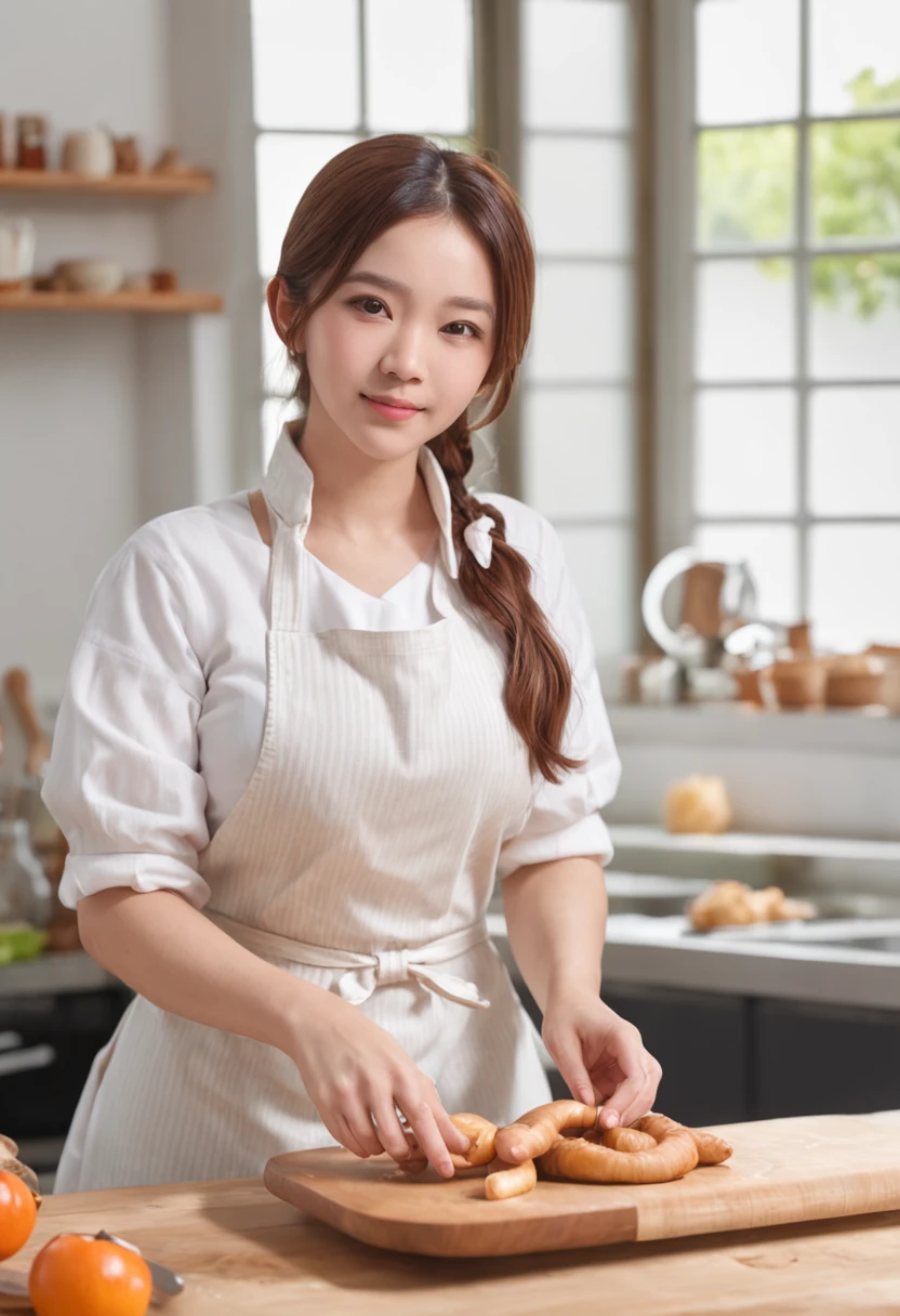kitchens、Fat woman cooking、Overweight, Gilet blanc、White apron、long trousers、Hold the pan in your left hand、Touch your head with your right hand、Background windows let light in、Sunnyday、Background kitchen water practice、fluency、small boobs、Cute smile、horse tailed、Bright environment、Busty、4K、A high resolution、tmasterpiece、top-quality