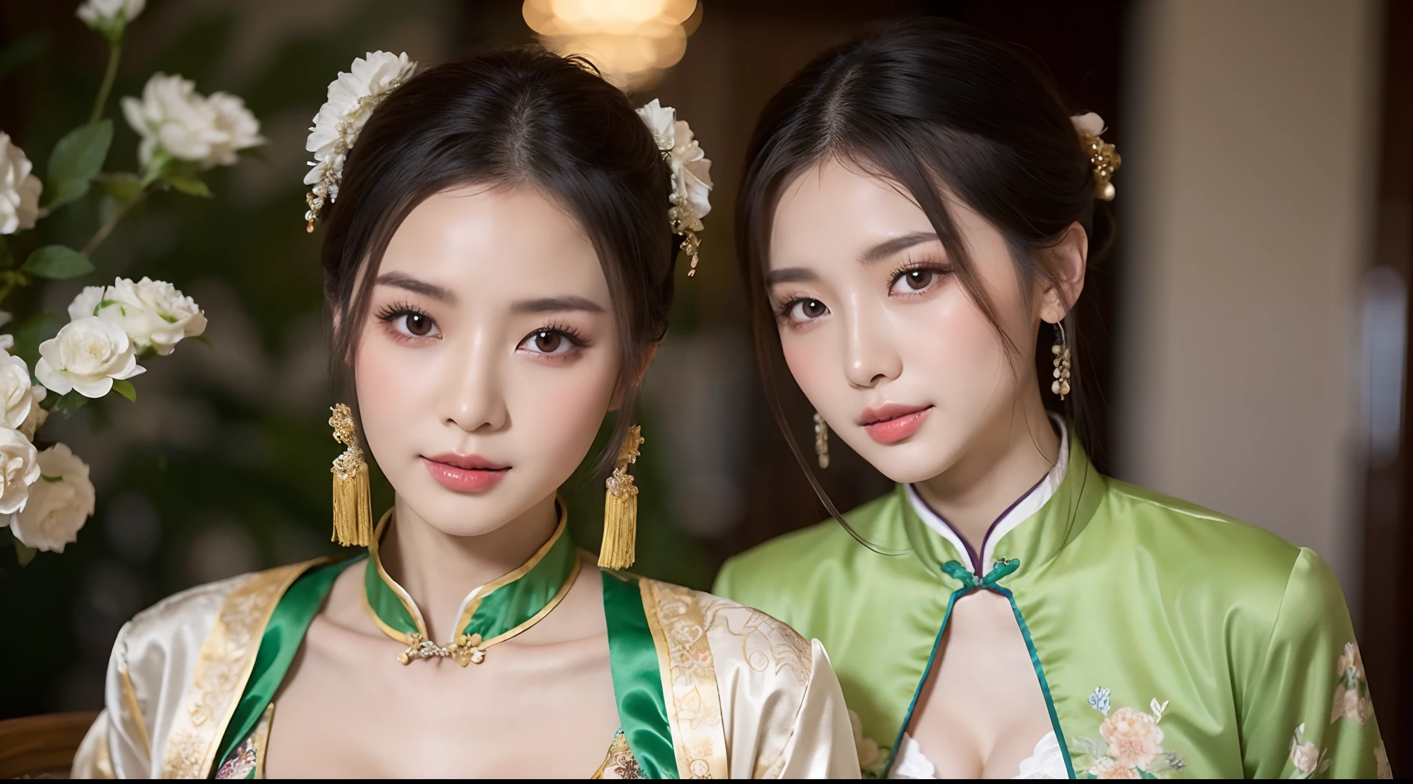 (A half body,Close-up,closeup cleavage),Arakfi Asian woman sitting in chair,Wearing a green and gold dress, Palace , A girl in Hanfu, Hanfu, Cheongsam, with acient chinese clothes, Traditional beauty, Traditional Chinese clothing, Wearing ancient Chinese clothes, Chinese style, Chinese dress, Chinese costume, Chinese traditional, Chinese girl, Inspired by Huang Ji, wearing ornate silk clothes
