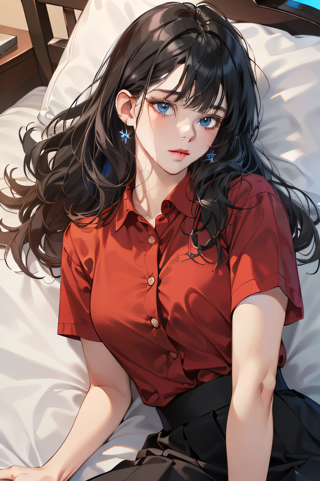 ((absurdres, highres, ultra detailed)), (1girl, mature female, wavy black hair, long hair, blunt bangs, blue eyes, red shirt and black skirt), ( finely detailed eyes and detailed face), (laying flat on a bed), ((extremely detailed CG unity 8k wallpaper, intricate details))