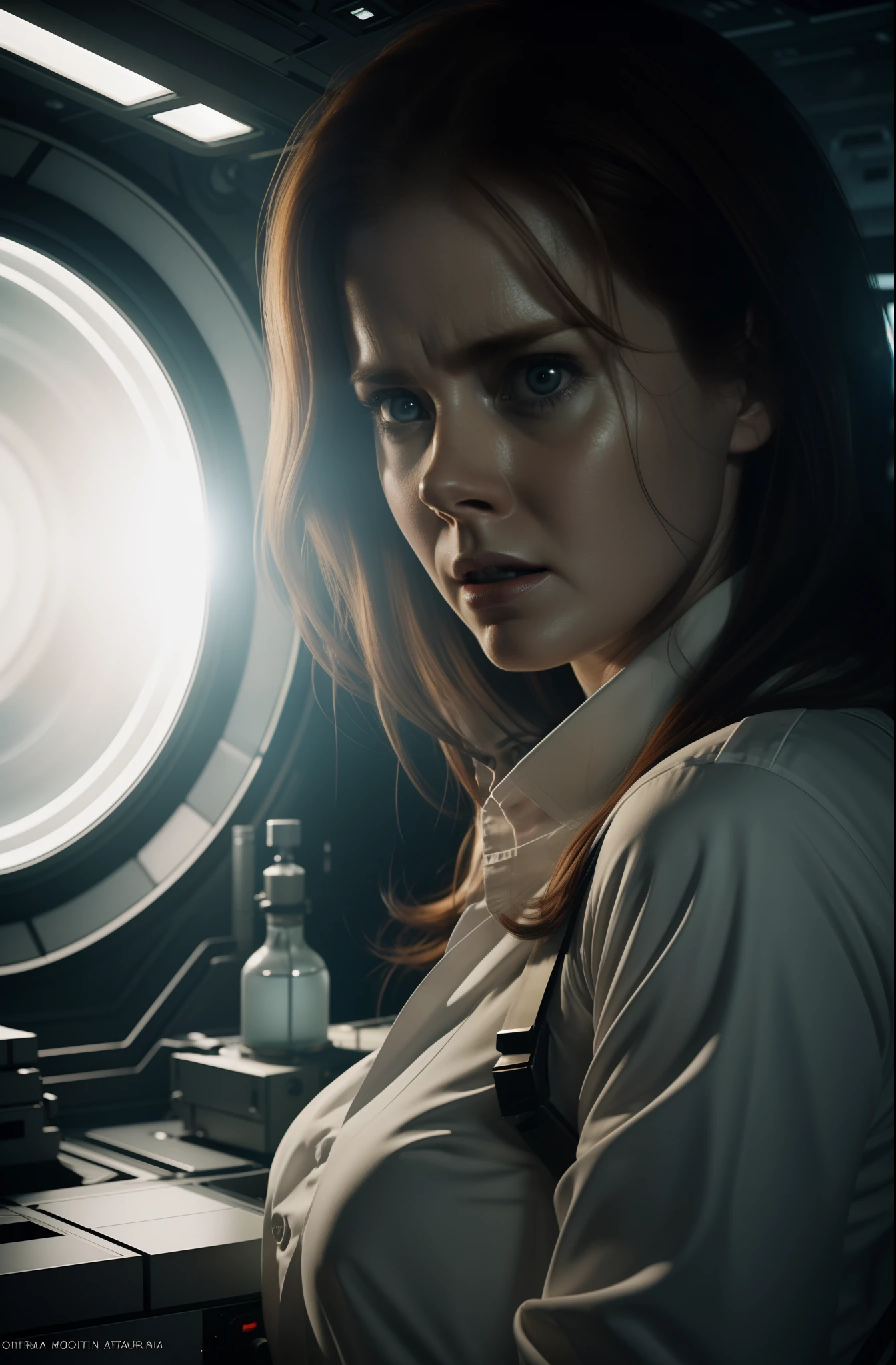 Hot terrified Amy Adams as a Scientist Hiding on Ishimura Horror Space Ship photography, natural light, photorealism, cinematic rendering, ray tracing, the highest quality, the highest detail, Cinematic, Third-Person View, Blur Effect, Long Exposure, 8K, Ultra-HD, Natural Lighting, Moody Lighting, Cinematic Lighting
