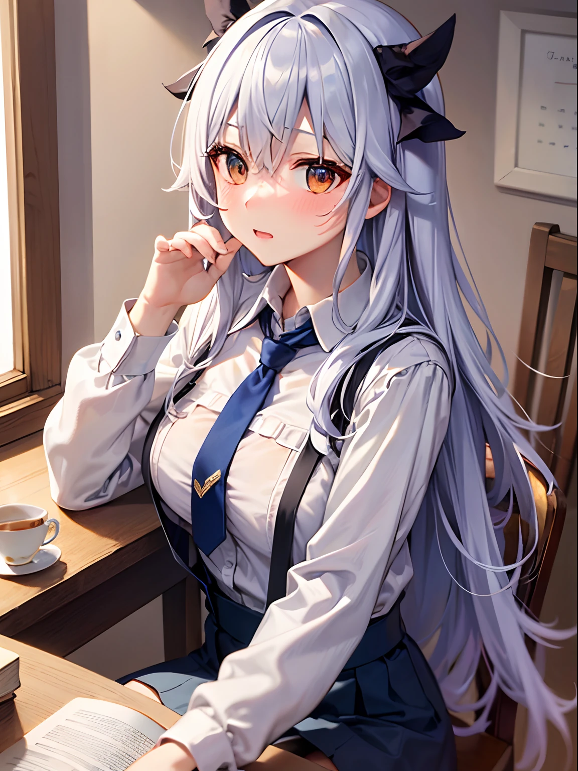Best Quality, ultra-detailliert, Illustration, silber hair, Aimei,,embarrassed from，red blush，scratching your head，The long-haired，cute  face，beutiful breast，turned around，Suspender Skirt，long-sleeve，Dark blue skirt，neck tie，Close，Angle to show off breasts，look up to，finely detail、a chair，a desk，tea cup