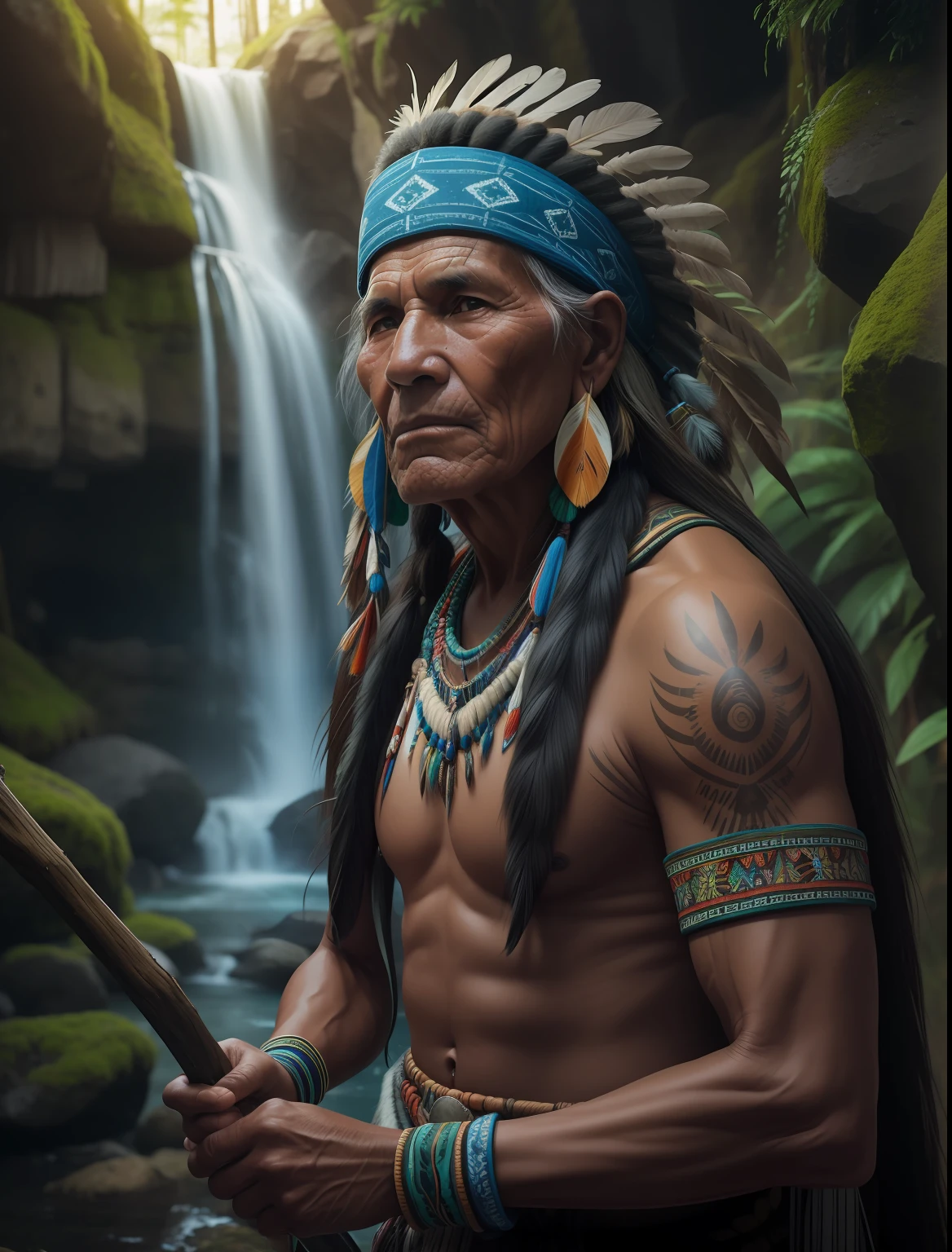 Hyperrealistic image of an indigenous shaman approximately 80 years old, only background the image of a waterfall