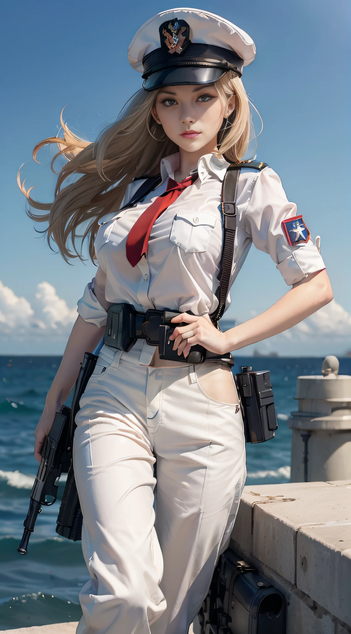 Kizi, an Quority, top-quality, big breasts beautiful, prette, The sheen,On warships, tmasterpiece, Cat eyes,white naval uniform,Naval equipment, Big wavy blonde hair,With a military cap,Wear a shirt and military pants,The eyes are sharp and affectionate,Fighting posture,white colors,Sea background,(((Armed with a submachine gun:1.3))),