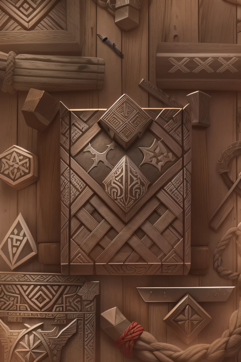Mjolnir, Norse myth hammer of Thor, square stone head engraved with Nordic patterns, short wooden handle wrapped in leather Items and gear listed on the side