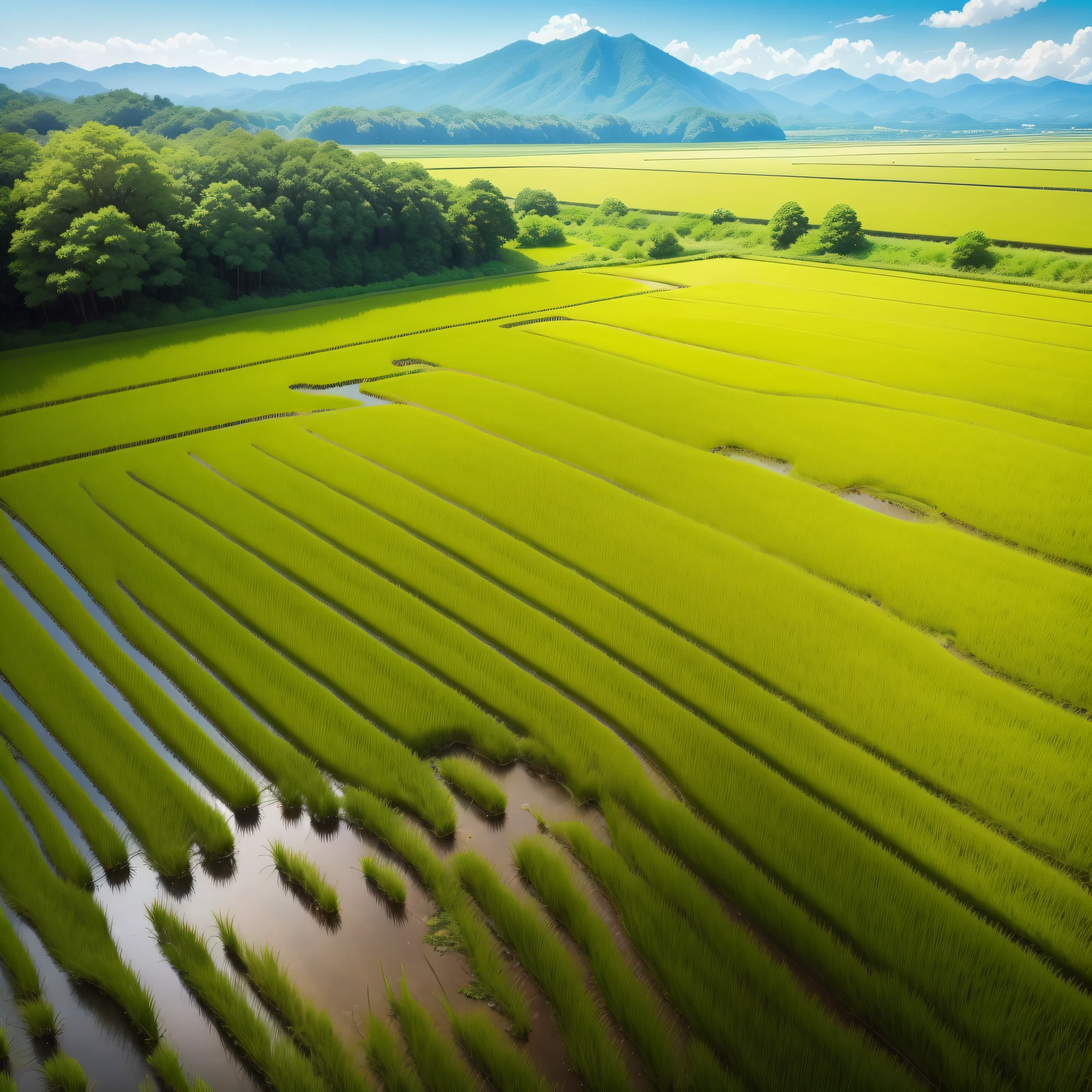 From a low position、Sunny weather in the Ichimen rice field