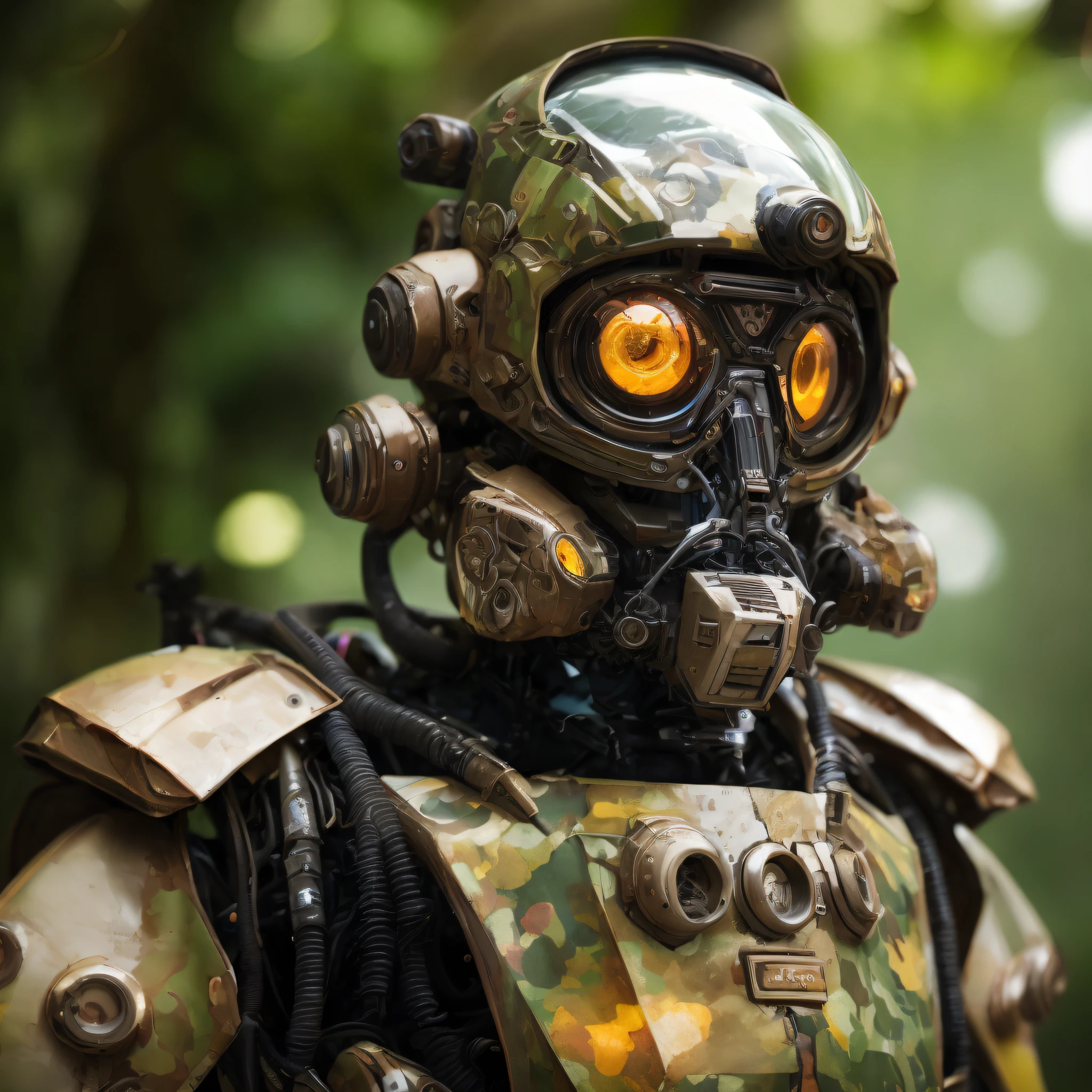 Portrait photo of transparent camo worn mech suit, one central lenticular eye, one big central eye, ((Light bokeh)), Intricate, ((Translucent) Liquid water [Rust]), elegant, Sharp focus, Photo by Greg Rutkowski, Soft lighting, Vibrant colors, Masterpiece, ((dark jungle)), Detailed face