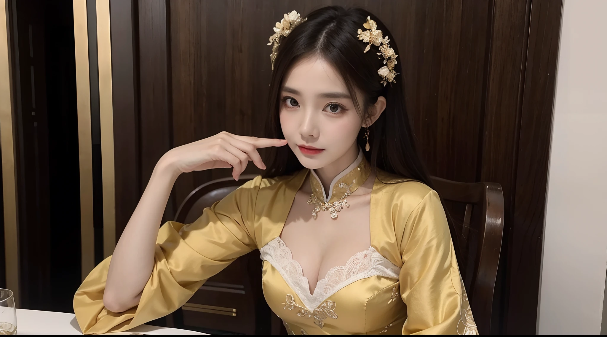 (A half body,Close-up),Arakfi Asian woman sitting in chair,Wearing a green and gold dress, Palace , A girl in Hanfu, Hanfu, Cheongsam, with acient chinese clothes, Traditional beauty, Traditional Chinese clothing, Wearing ancient Chinese clothes, Chinese style, Chinese dress, Chinese costume, Chinese traditional, Chinese girl, Inspired by Huang Ji, wearing ornate silk clothes,cleavage