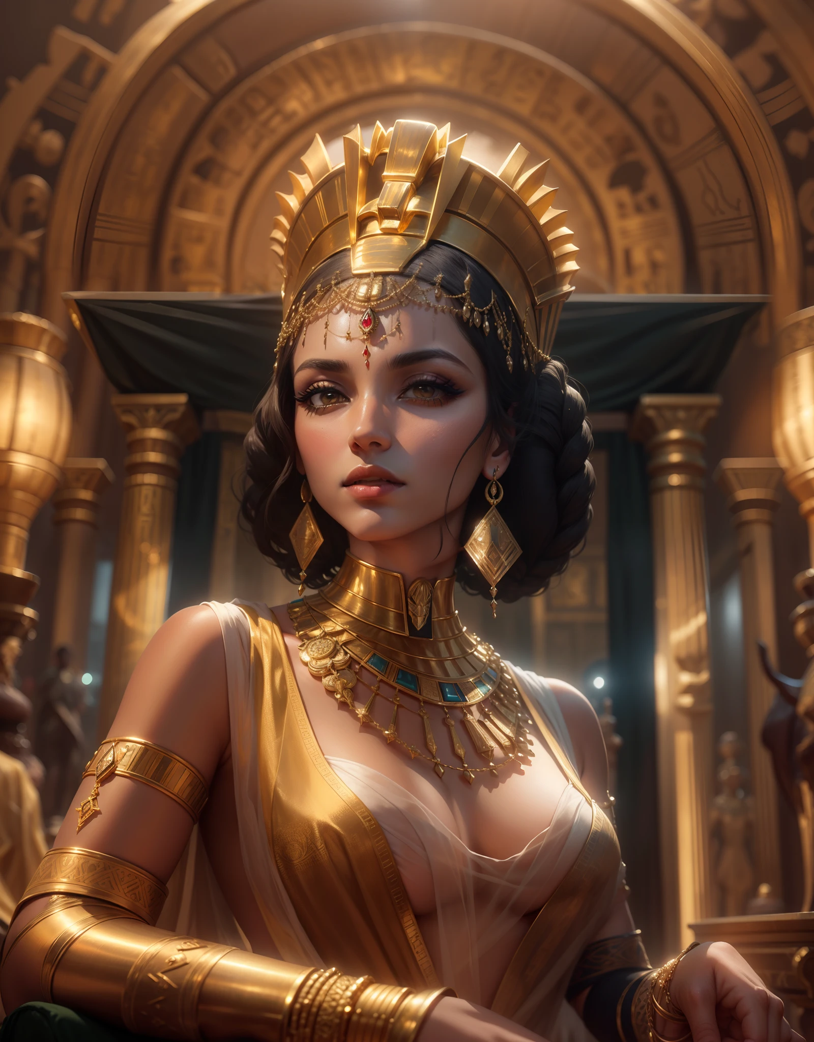 1 Queen of Egypt, golden jewelery, ancient Egypt, shiny fabrics, makeup, Masterpiece, Egyptian luxury, portraite of a, a closeup of a, In the background of the throne room, Elegantly, filigree, Cinematic, 4k