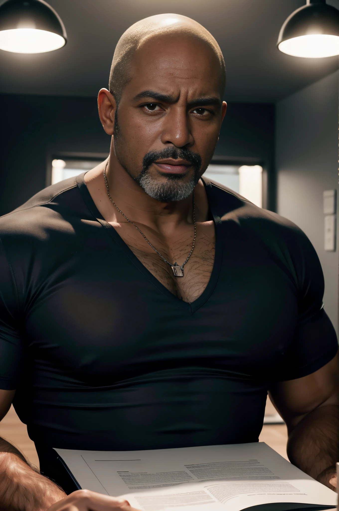 obra prima , Alto realismo, Classic lighting, Studio photo, homem negro careca , ligeiramente musculoso , barba fina e feita , Terno Preto , office background , 8k