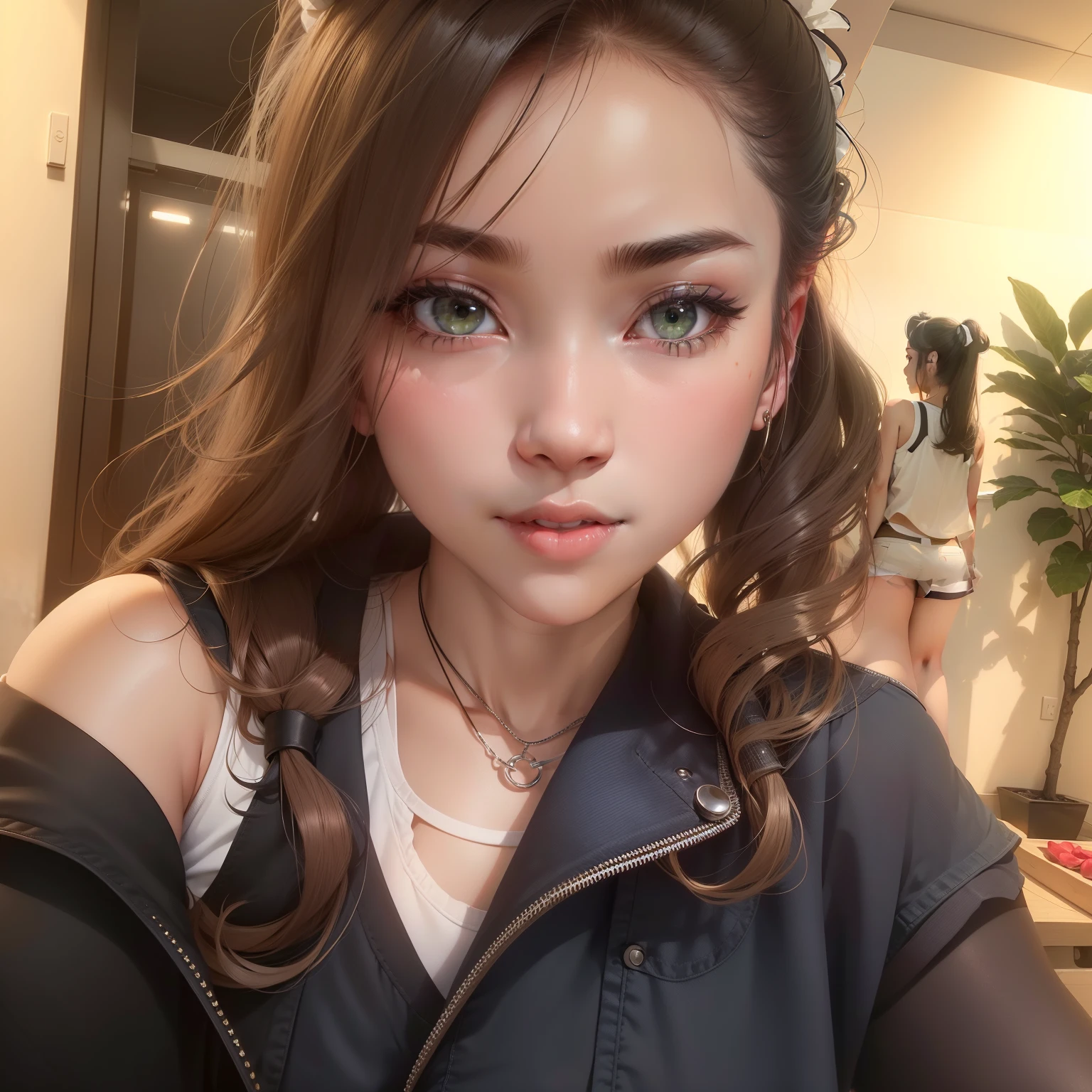 realisitic, 1girl, light hair , greeneyes, glare eyes, top cropped, overskirt, half-open lips, blush, luz seios medio, bunda grande