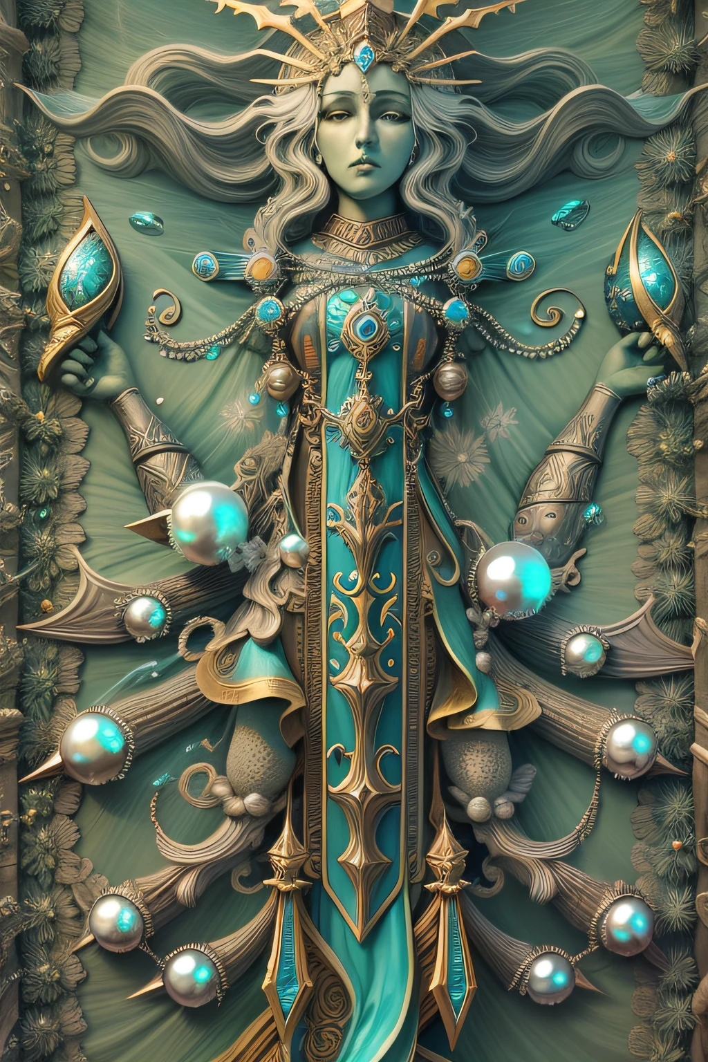 Glowing trident of the sea god Poseidon, radiating aquatic magic, pearls and barnacles encrusted on prongs Items and gear listed on the side