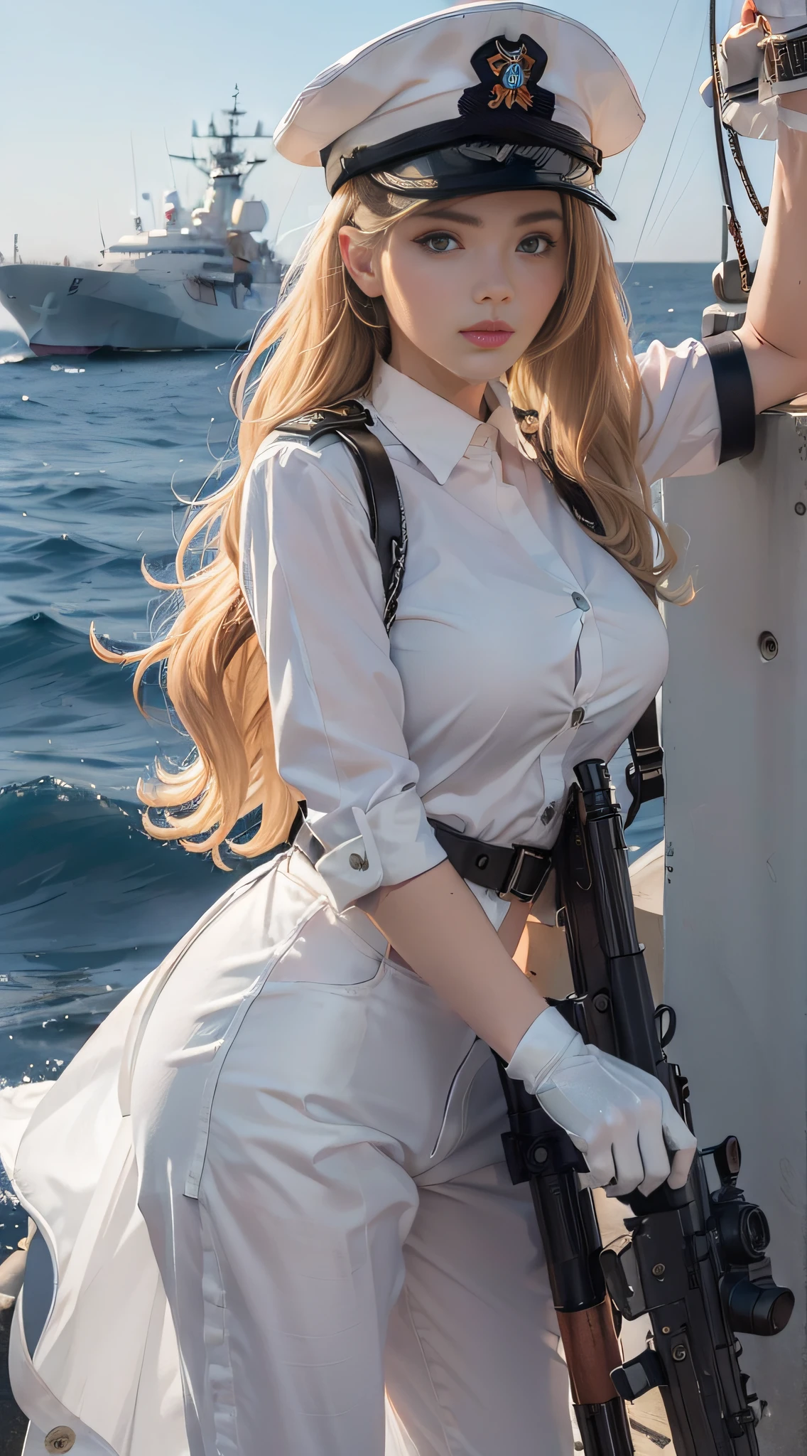 Kizi, an Quority, top-quality, big breasts beautiful, prette, The sheen,On warships, tmasterpiece, Cat eyes,white naval uniform,Naval equipment, Big wavy blonde hair,With a military cap,Wear a shirt and military pants,The eyes are sharp and affectionate,Fighting posture,white colors,Sea background,(((Armed with a submachine gun:1.3))),