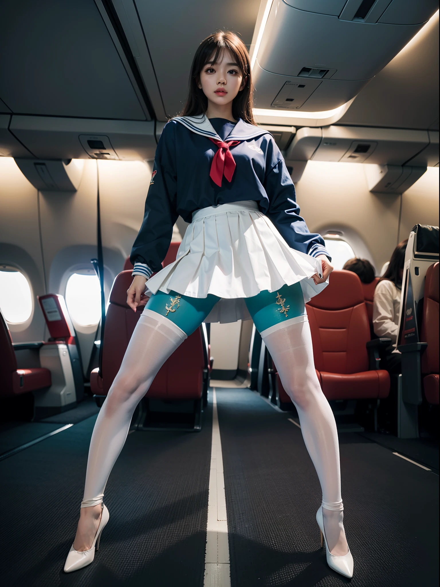 (full body:1.5),((girl):1.4),(view the viewer:1.4),(anatomy correct:1.3),(martial art pose on a plane:1.2),((colorful), (A brown Sailor suit and red checkered high waisted pleated skirt )):1.2),((thick white and blue Pantyhose):1.32),(black girl pointed thick heels :1.1),,(Accurate and perfect face:1.3),hyper HD, Ray traching, reflective light, structurally correct, Award-Awarded, high detail, lighten shade contrast, Face lighting ,cinematic lighting, masterpiece, super detailing, high quality, high detail, best quality, 16k,High contrast,