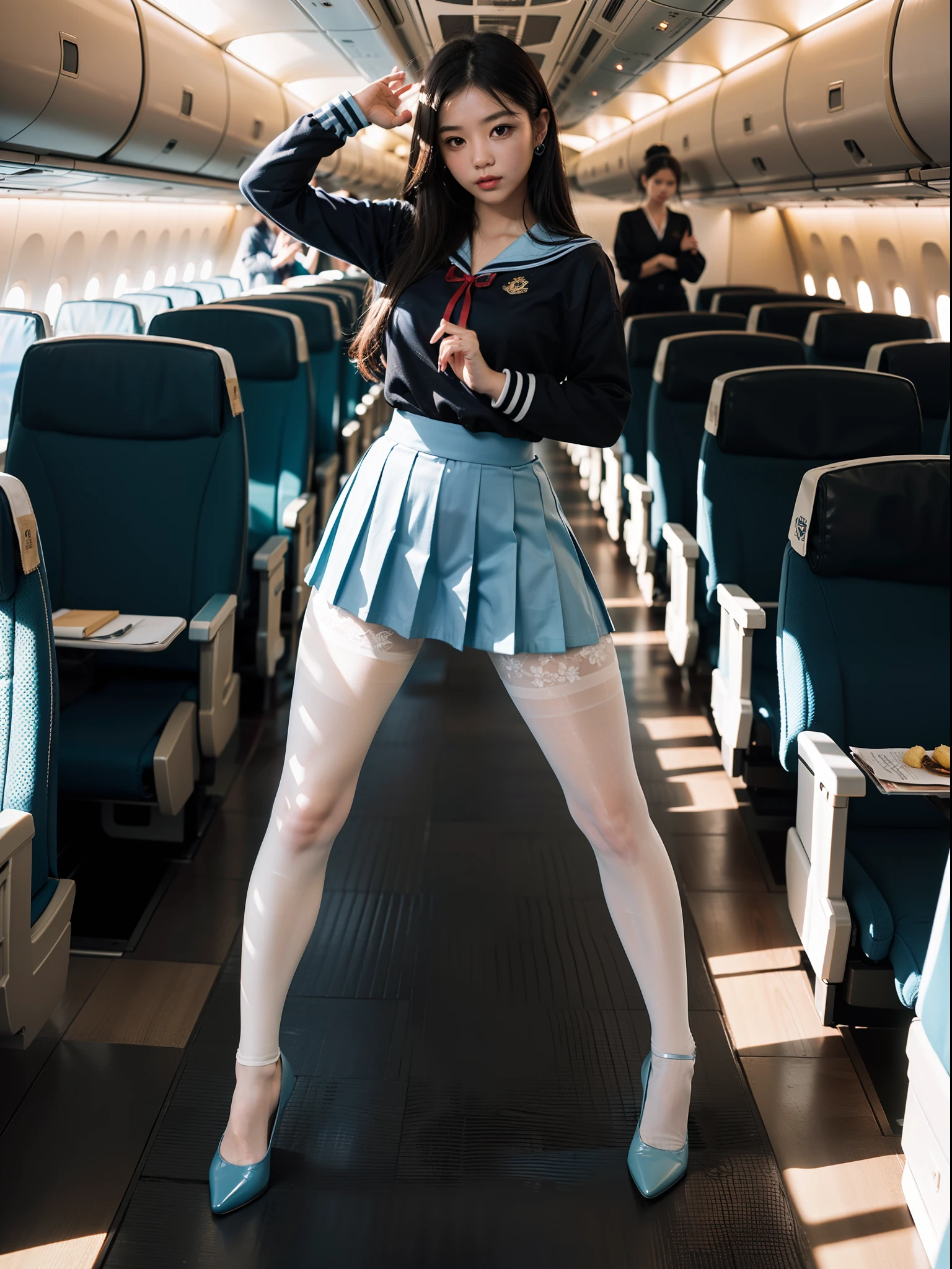(full body:1.5),((girl):1.4),(view the viewer:1.4),(anatomy correct:1.3),(martial art pose on a plane:1.2),((colorful), (A brown Sailor suit and red checkered high waisted pleated skirt )):1.2),((thick white and blue Pantyhose):1.32),(black girl pointed thick heels :1.1),,(Accurate and perfect face:1.3),hyper HD, Ray traching, reflective light, structurally correct, Award-Awarded, high detail, lighten shade contrast, Face lighting ,cinematic lighting, masterpiece, super detailing, high quality, high detail, best quality, 16k,High contrast,