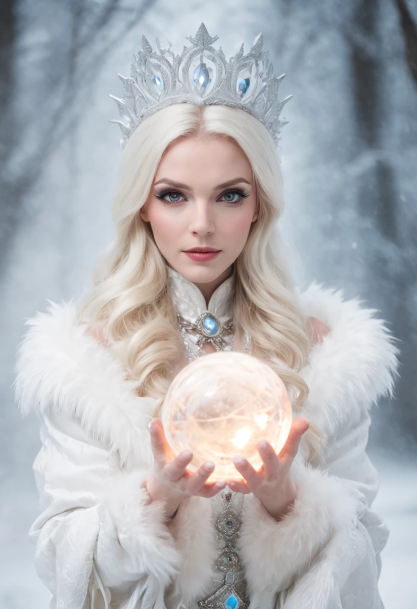 Blonde woman in white fur coat holding a ball glowing in the snow, a sorceress casting a ice ball, Beautiful ancient frost witch, ice sorceress, queen of ice and storm, ice sorceress, Female sorceress casting spells, Fantasy Character Pictures, Maya Ali as Storm Wizard, Portrait of the Steampunk Ice Lady, The White Witch, Ice Queen