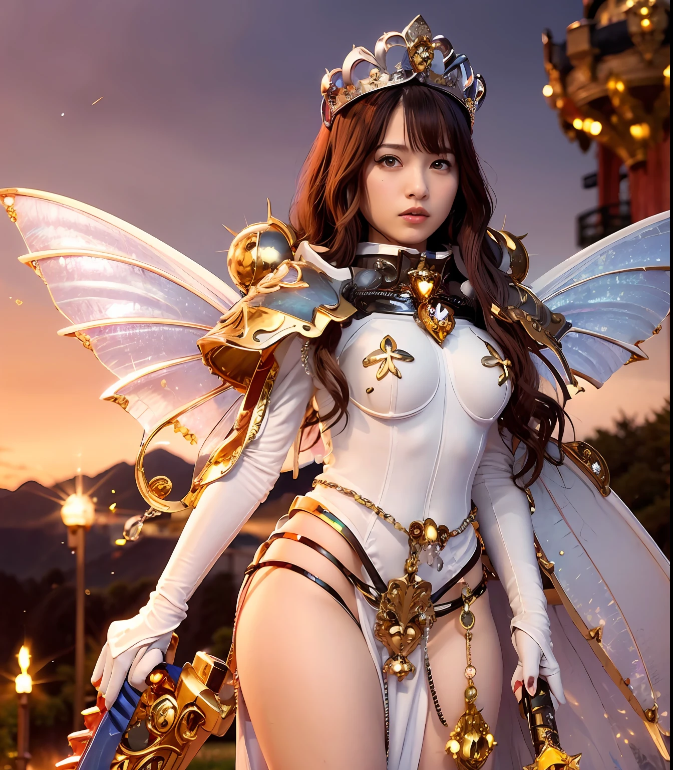 (masutepiece), Professional , ​masterpiece、top-quality、photos realistic , depth of fields （Gemstone Silver Metal Body:1.９),(Matte White、Jewel Gold Weapon、（Gorgeous castle background）、（ultimate beauty girl）、（Iridescent fairy wings grow on her）、（Metal:1.９),Gorgeous Jewel Metal Weapons , Detailed Sword of the Brave ,（ Micro Bikini）   ,warhammer 40k , adepta sororitas,Detail and ornate jewel crown、独奏、Brown hair、（Gangle's forest background）、Beautiful Caucasian beauty、１a person、dynamic ungle,(((Diamond tiara with detail and luxury)))、a small face、Powerful poses、（Gorgeous castle background）、20 year old beautiful woman、Stand in the center of the screen、Thin female fingers、Straight long hair、Beautiful Caucasian beauty、Hair fluttering in the wind、Particles of light、Micro Bikini、The wind is blowing、