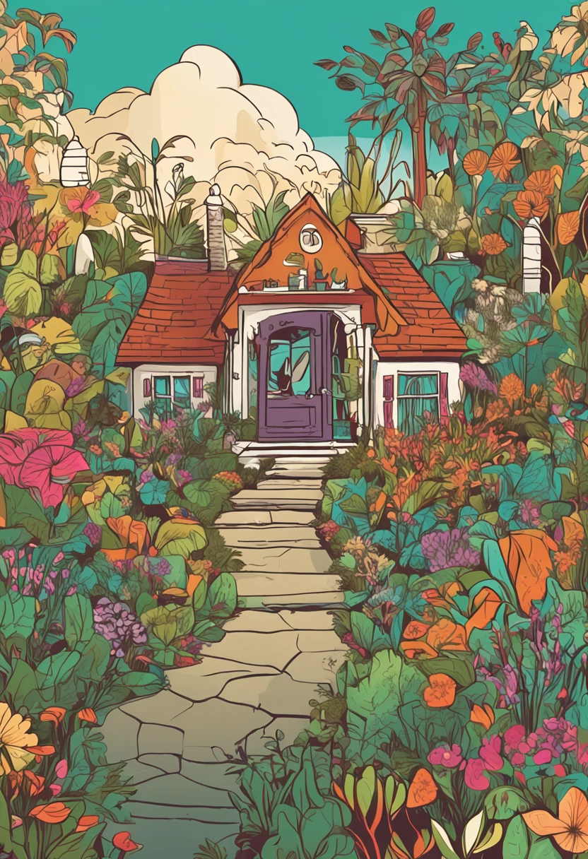 Illustration style,People look low,Large botanical garden,There are colorful plants,There are many small gardens,There are several trails,There are a lot of seniors,There are seats,The background is community housing