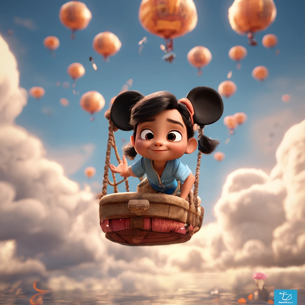 qualidade de imagem do filme，Disney Animation，style of disney animation，Disney film animation，Filmes 3D，China-style，Girl sitting in giant koi flying in the sky，nuvens espessas，Short hair and small braids，Denim suspenders，Bare feet，profundidade de campos，Luz alta，luz real，Traching de raias，oc renderizado，hyper-realistic，melhor qualidade，8k，Obras de mestres，super-fino，pelos pubianos detalhados，anatomia correta，sharp focus on eyes，Bokeh，Facial features are carefully described