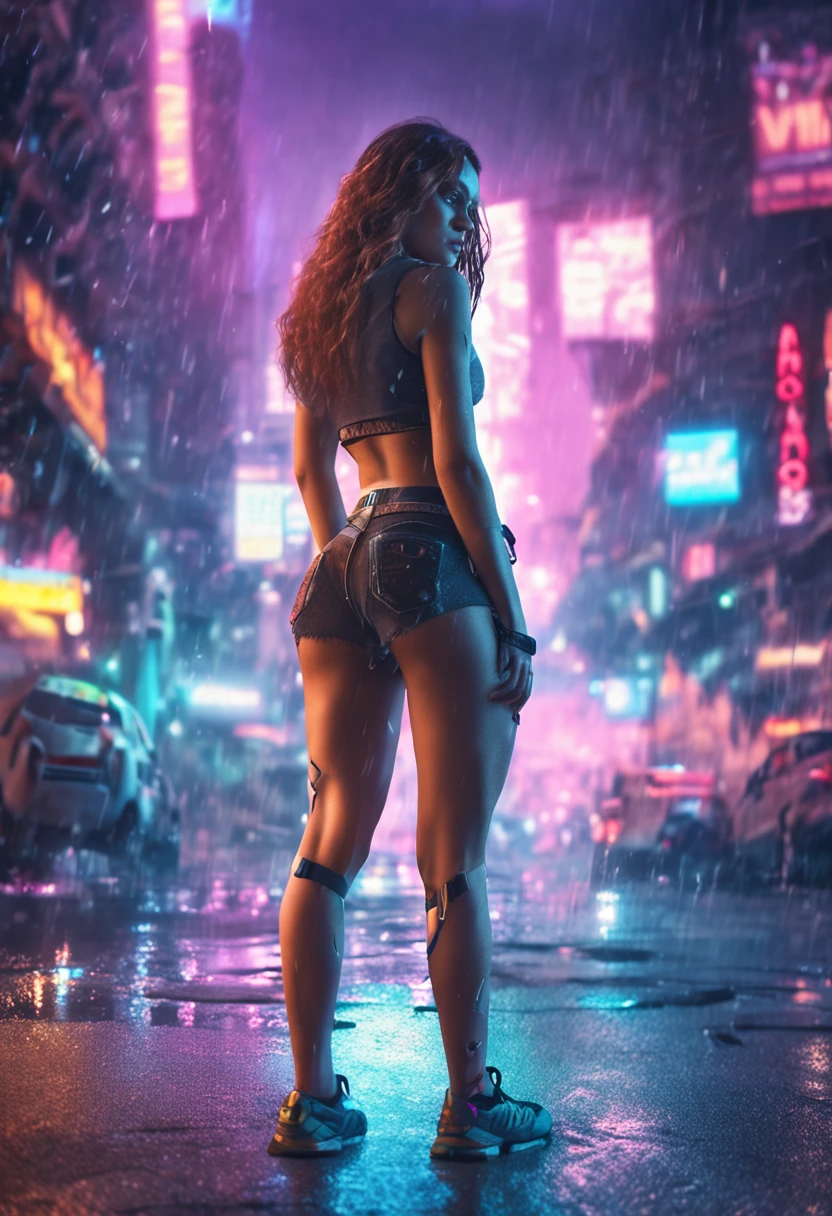 gorgeous woman with wavy hair detailed alluring eyes Thigh gap long sexy legs wearing tiny shorts tshirt in beautiful futuristic cyberpunk+ city, mist, wet, raining, best quality masterpiece, photorealistic, detailed, 8k, HDR, shallow depth of field, broad light, high contrast, backlighting, bloom, light sparkles, chromatic aberration, sharp focus, RAW color photo