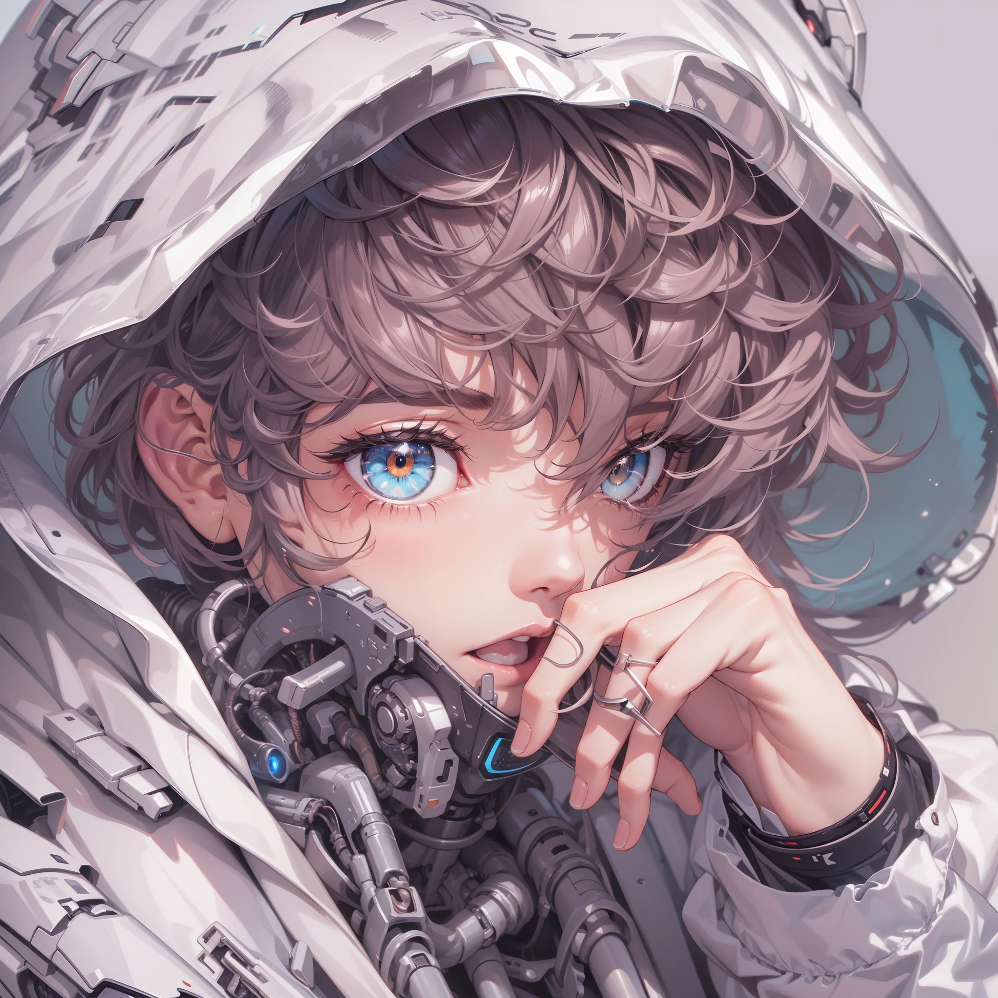 (8k wallpaper:1.2),(Ultra-high resolution:1.2),(masterpiece:1.1),wallpaper,High quality,masterpiece,(High detail), wearing a hoodie,1mecha human, cyborg, Cybernetic enhancements, robotic eyes,close up shot,short messy hairstyle, curly hair, simple background,white background,shining, absolutely stunning art, extremely detailed eyes, highest quality digital art, highest resolution, HD, wallpaper 8k