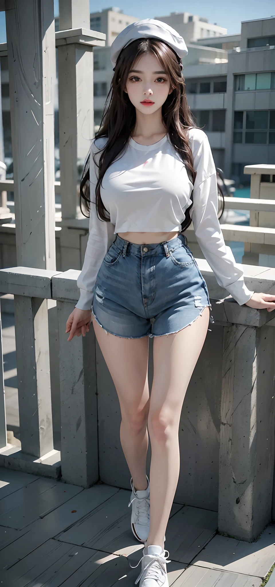 Photorealistic, high resolution, 1 Women, Solo, Beautiful eyes, view the viewer, Close lips, Detailed face,,long whitr hair, Big breasts Thin waist,long leges,Raised sexy,The kinky is exposed,Sailor's cap,Big high school girl(Wearing:比基尼,nakeness,athletic sneakers)fully body photo,frontage