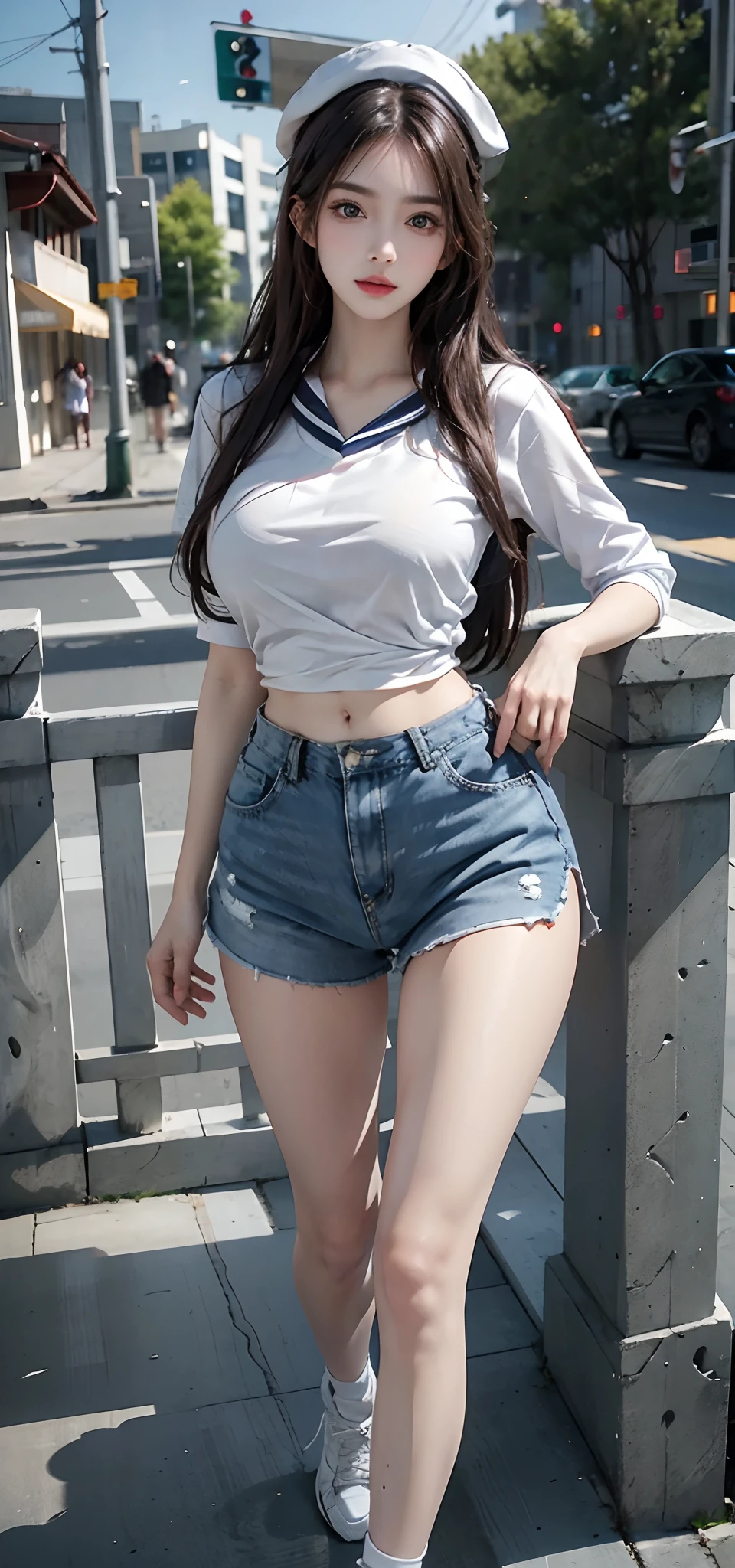 Photorealistic, high resolution, 1 Women, Solo, Beautiful eyes, view the viewer, Close lips, Detailed face,,long whitr hair, Big breasts Thin waist,long leges,Raised sexy,The kinky is exposed,Sailor's cap,Big high school girl(Wearing:比基尼,nakeness,athletic sneakers)fully body photo,frontage