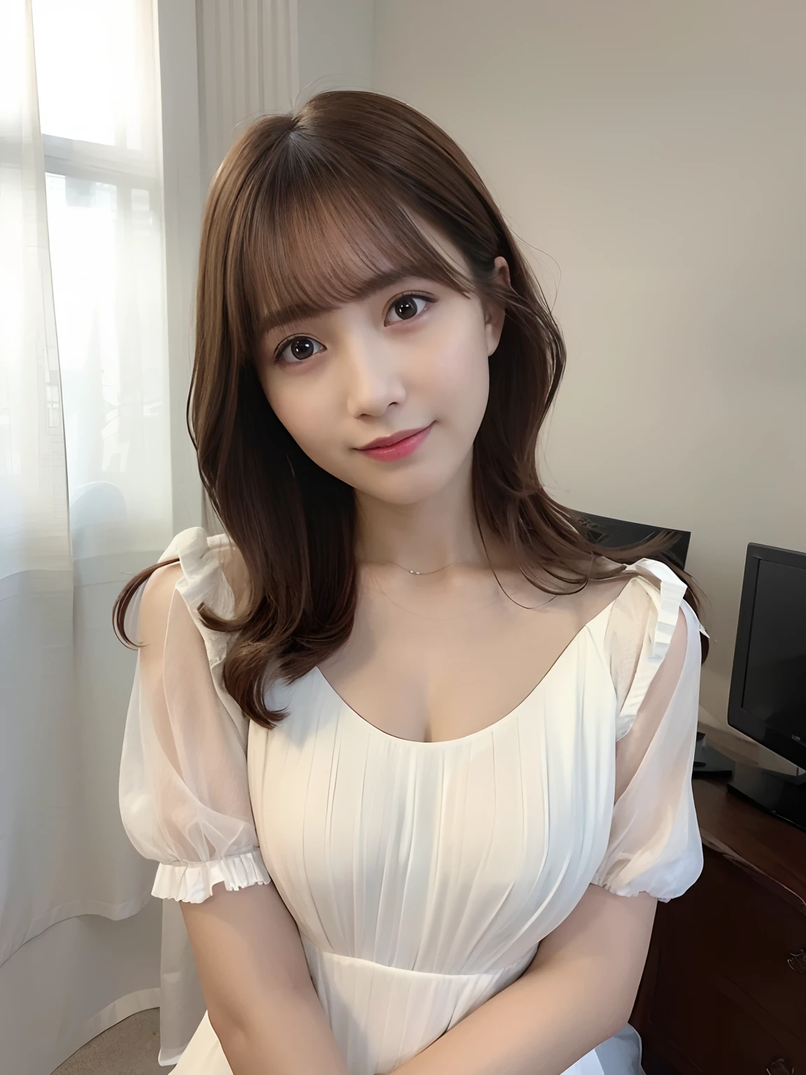 (highest quality、table top、8K、best image quality、Award-winning work)、one beautiful woman、(Precise and perfect white long knit:1.1)、Shining beautiful fair skin、Fair-skinned super high detail skin、(accurate anatomy:1.1)、The most classy apartment living room、The most classy living room interior、A gentle smile looking at me、(Photo above the chest:1.1)、close up of face、(stand gracefully:1.1)、Very bright and clean、(blurred background:1.3)、Portrait、(very bright and vivid:1.3)、illuminated white skin、(The most natural and practical real furniture arrangement:1.1)、(The most classy apartment living roomに立つ:1.1)、(Perfect face drawn in every detail:1.1)、sparkling detailed eyes、The most detailed face