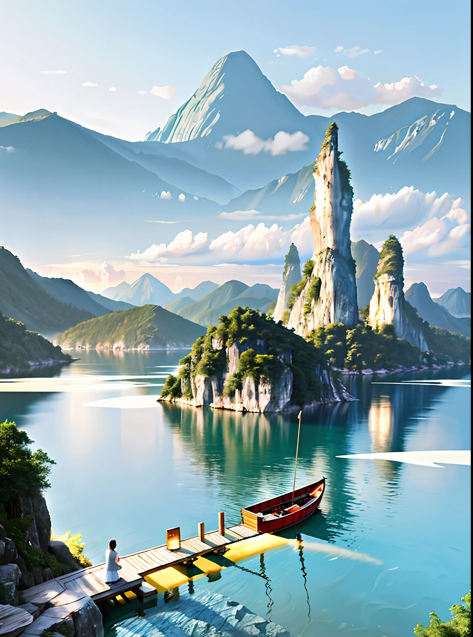 Draw mountain scenes,Boat in the water, Chinese landscape, Traditional Chinese watercolor, author:Dong Yuan, author:Yang Borun, author:Luo Mu, author:Gong Xian, author:Yang Buzhi, author:Yuan Yao, author:Qu Leilei, author:Wu Hong, Chinese watercolor, Detailed scenery —width 672, author:Bian Shoumin