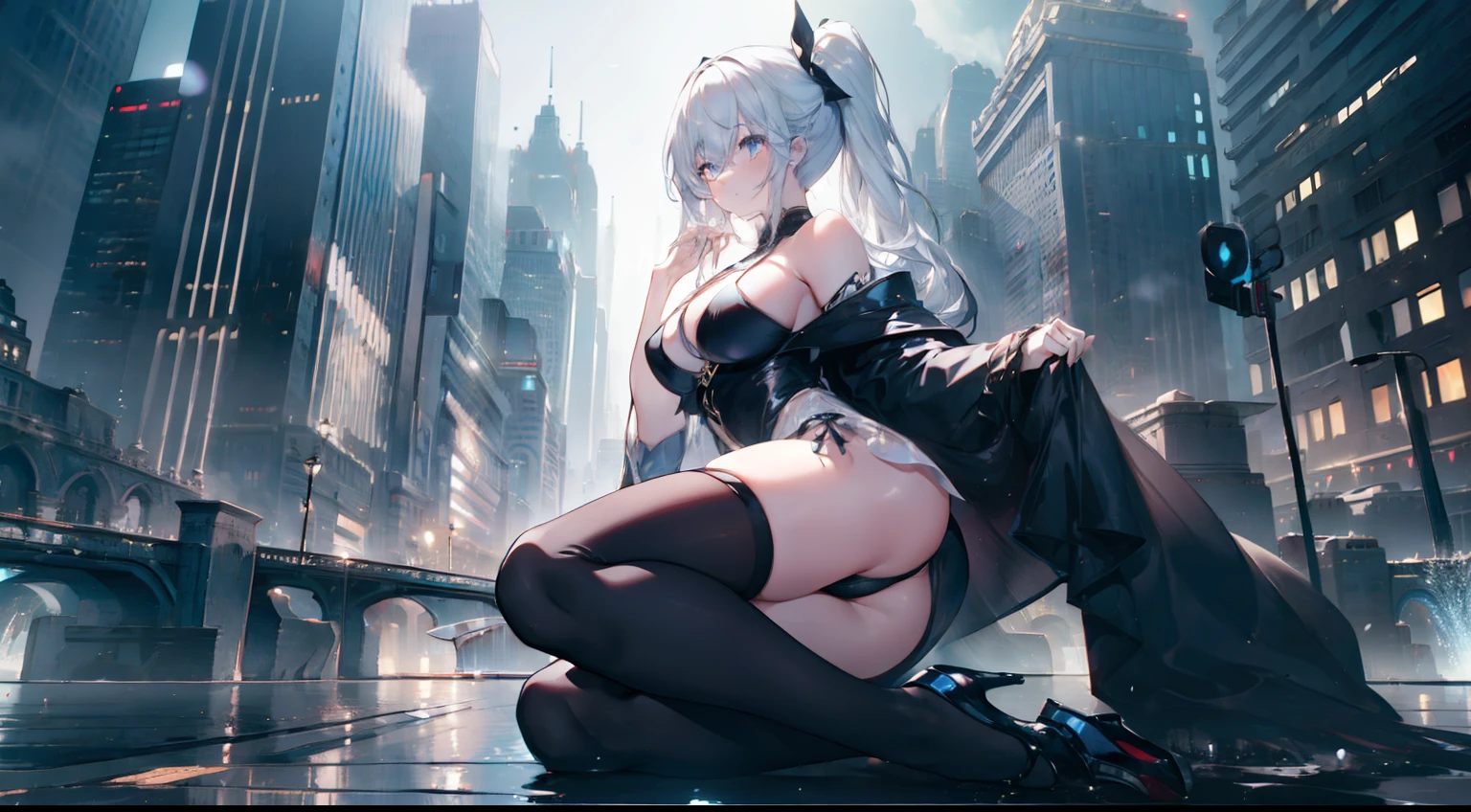 heavy rain,Gorgeous high heels,Under water,grabbing the breasts,Official fine art,tmasterpiece,Sharp focus,Nice high ponytail hairstyle,Delicate and beautiful eyes and face,realisticlying,ultra - detailed,a beauty girl,blue-sky,Glowing white particles,(side-lighting:1.2),scenecy,Long straight hair, sexy facial expression, buliding, (Cityscape:1.7), Dynamic hair, , Long black socks, paleskin, hair adornments, epic landscapes,deep in the night,Masterpiece, Best quality,Bare shoulders, white thighhighs, Hair ribbon, Large breasts,