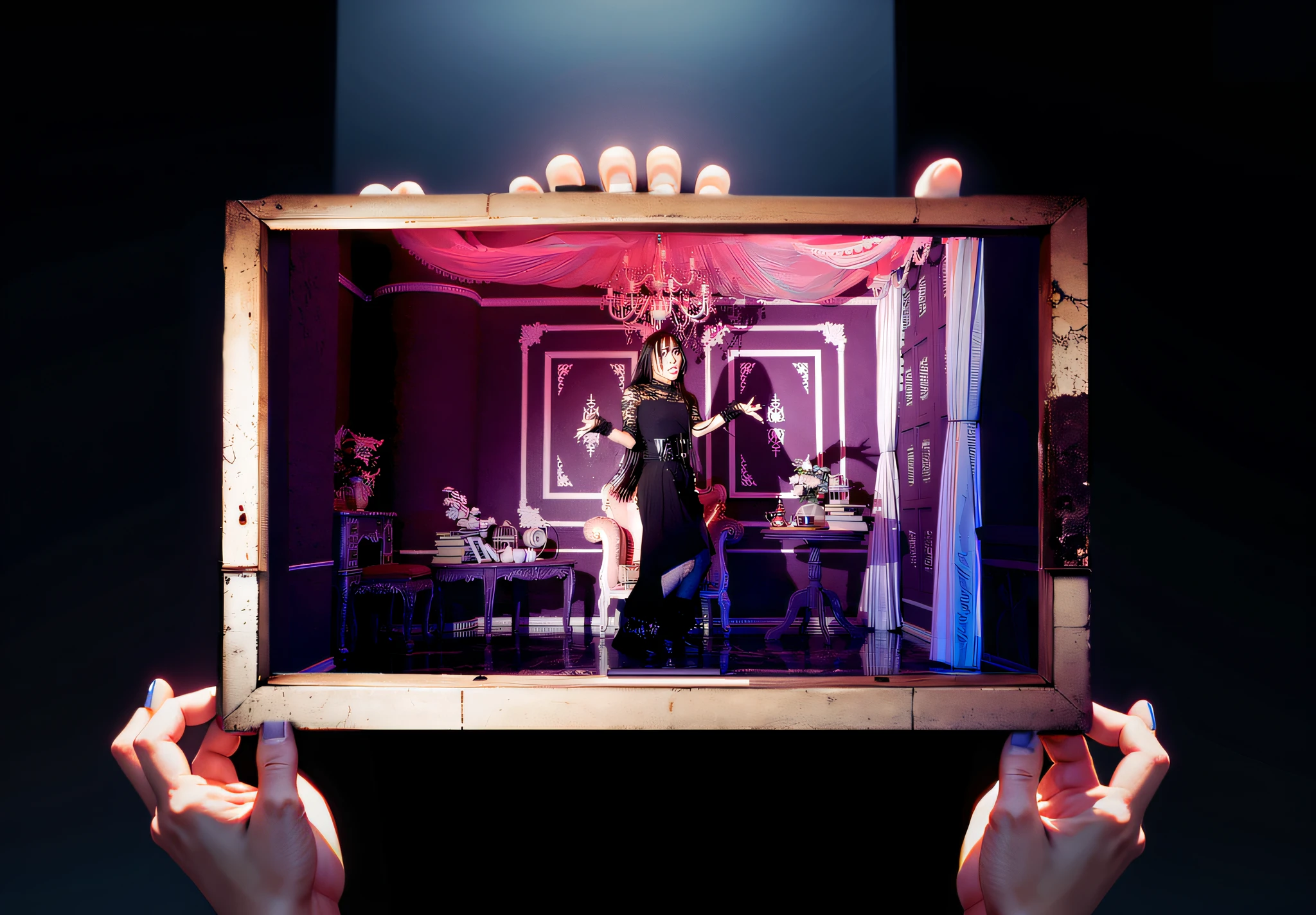 Huge hands、Woman's Hand、Grab the square object in the center、Lifting a square object、Hold up boldly、Hands coming out the screen、Body is not displayed、Do not show sleeves on clothes