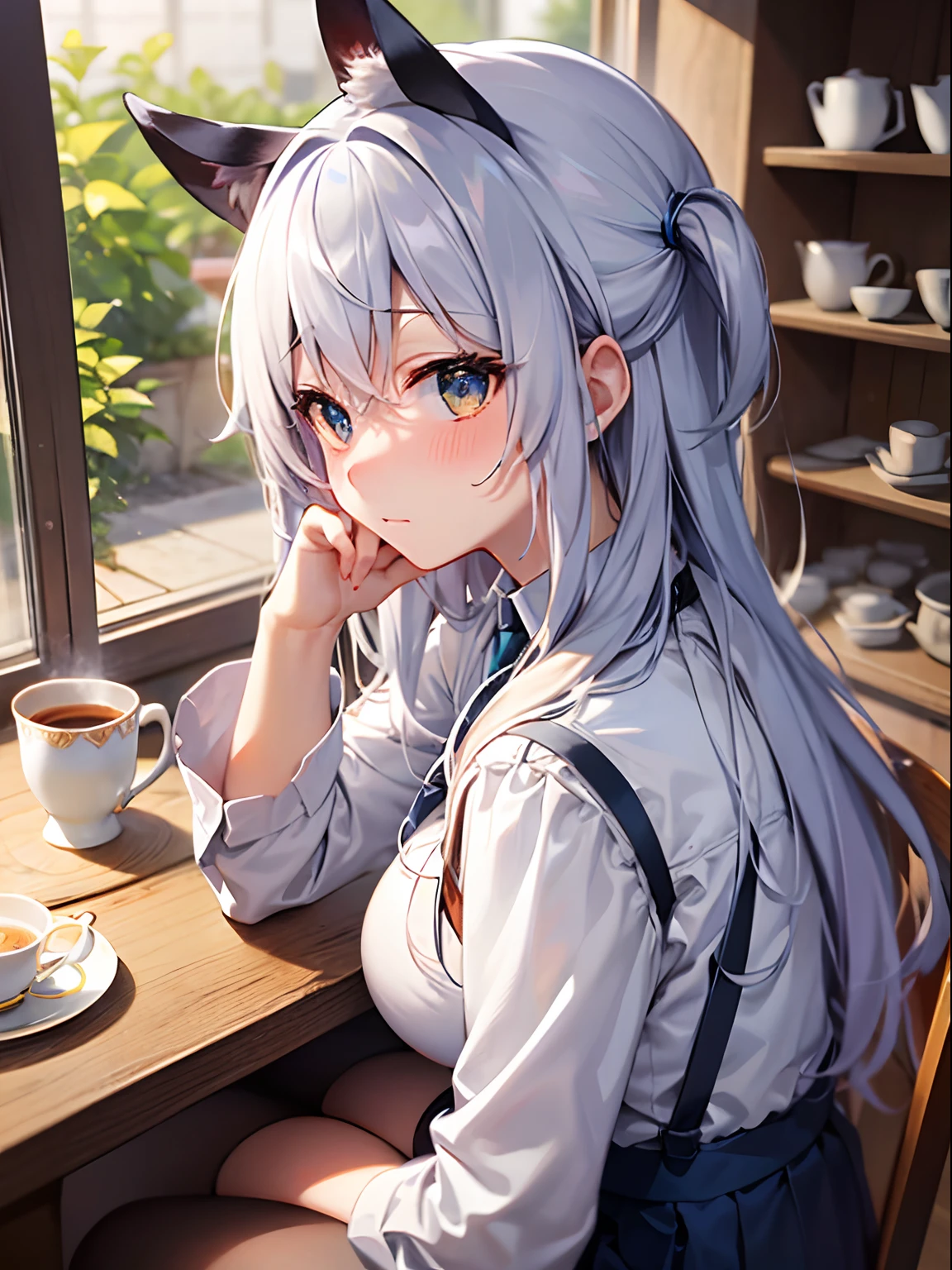 Drinking coffee at a cafe、Coffee and pancakes on the table、(watercolor,tegaki:1.4),(soft pastel colors:1.3),( blue eyes:1.1),BREAK,,(pastel white color palette:1.3),(pastel tank top:1.4),(mini skirt:1.3),(music score:1.1)、kawaii、rough toutch、Detailed expression、(Teenage Girls、Beautiful eyes、Blue Eyes、Gray Hair、Curly Hair、slender、Small breasts、 legs、Inner thighs、Beautiful Skin、Perfect fingertips、8 heads、look away、during、Lolicon)、ponytail