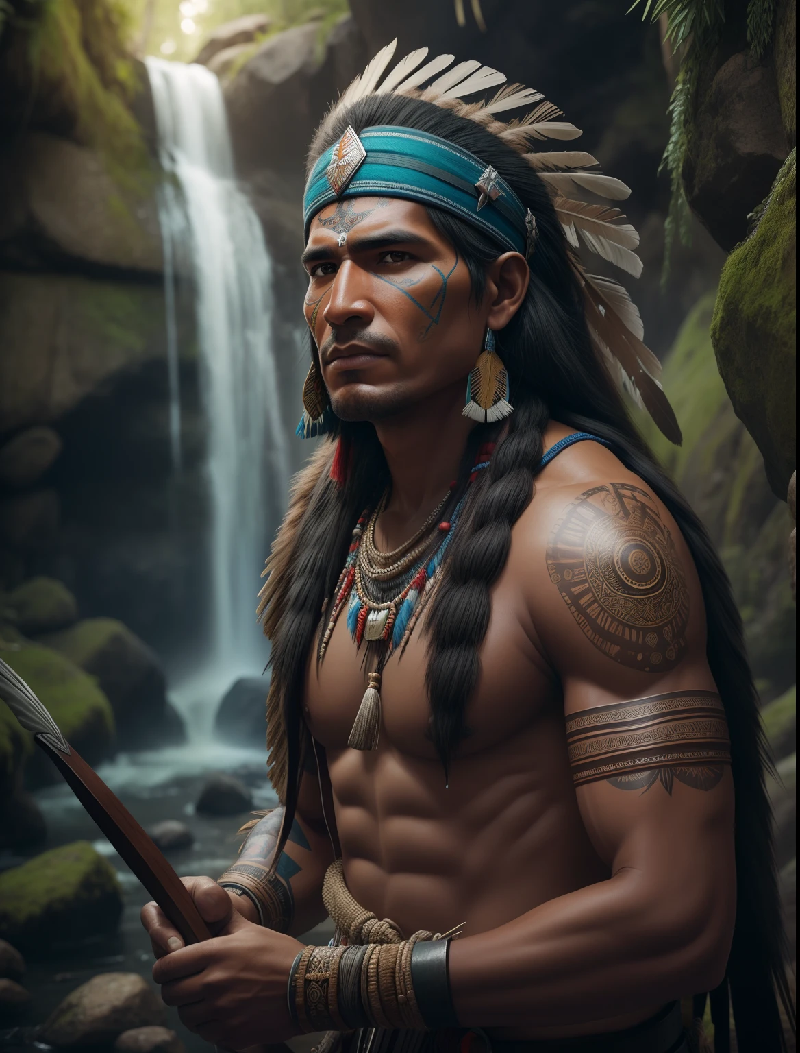Create a hyperrealistic image of an approximately 30-year-old indigenous warrior, ao fundo a imagem de uma cachoeira