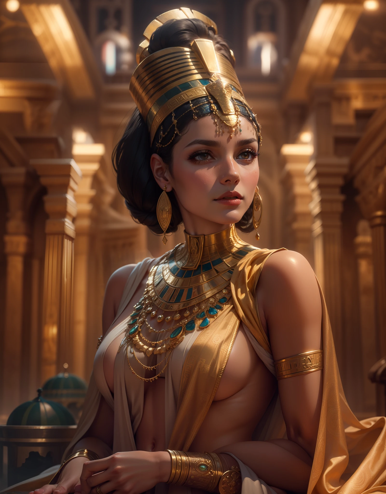 1 Queen of Egypt, golden jewelery, ancient Egypt, shiny fabrics, makeup, Masterpiece, Egyptian luxury, portraite of a, a closeup of a, In the background are the royal baths, Elegantly, filigree, Cinematic, 4k