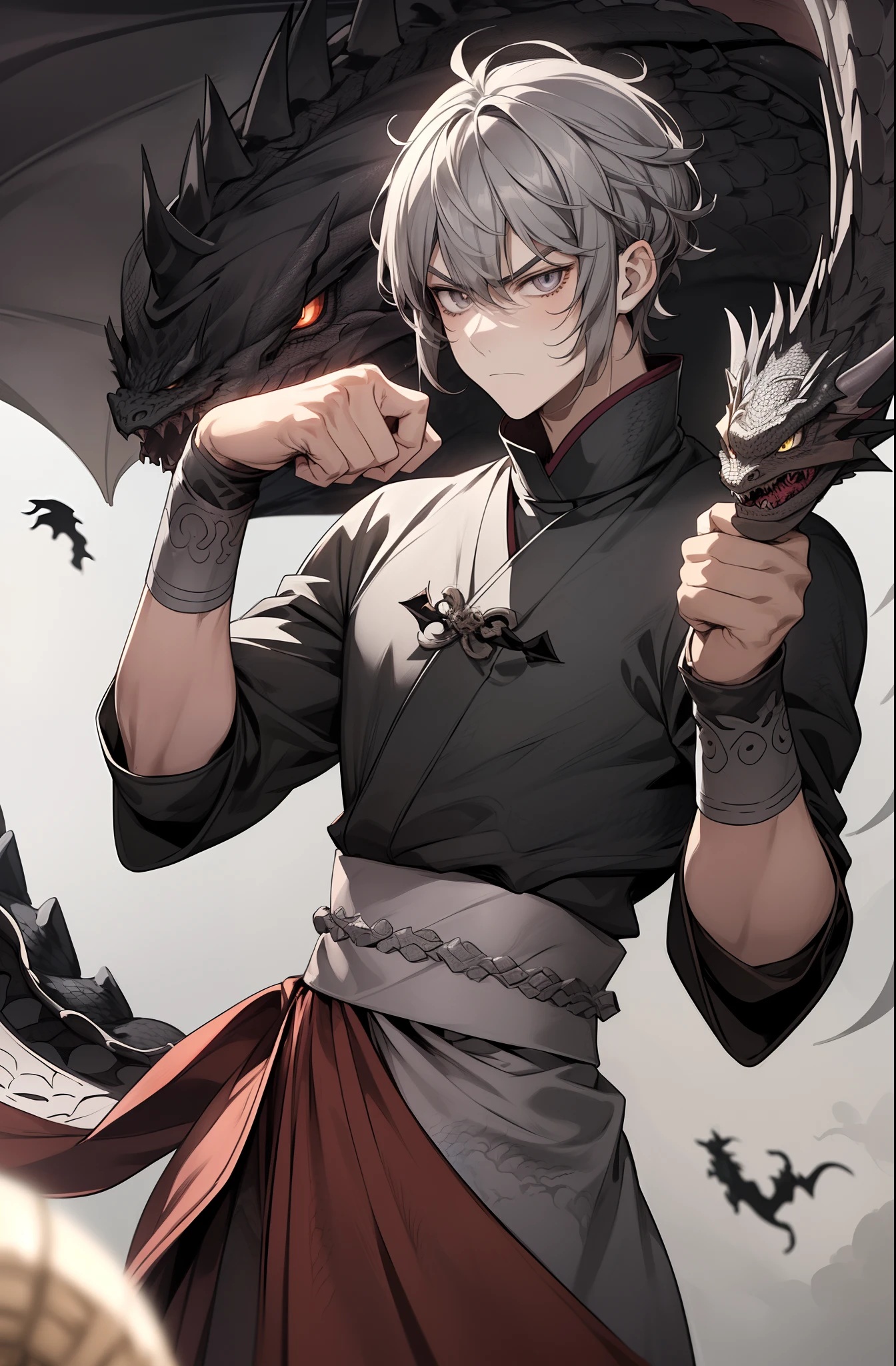 solo, ((anime boy with dark grey hair)), ((bangs)), (((gray dragon scales on face and arms))), ((serious expression)), ((fist in hand)), ((fantasy monk)), ((high quality)), (extremely detailed)