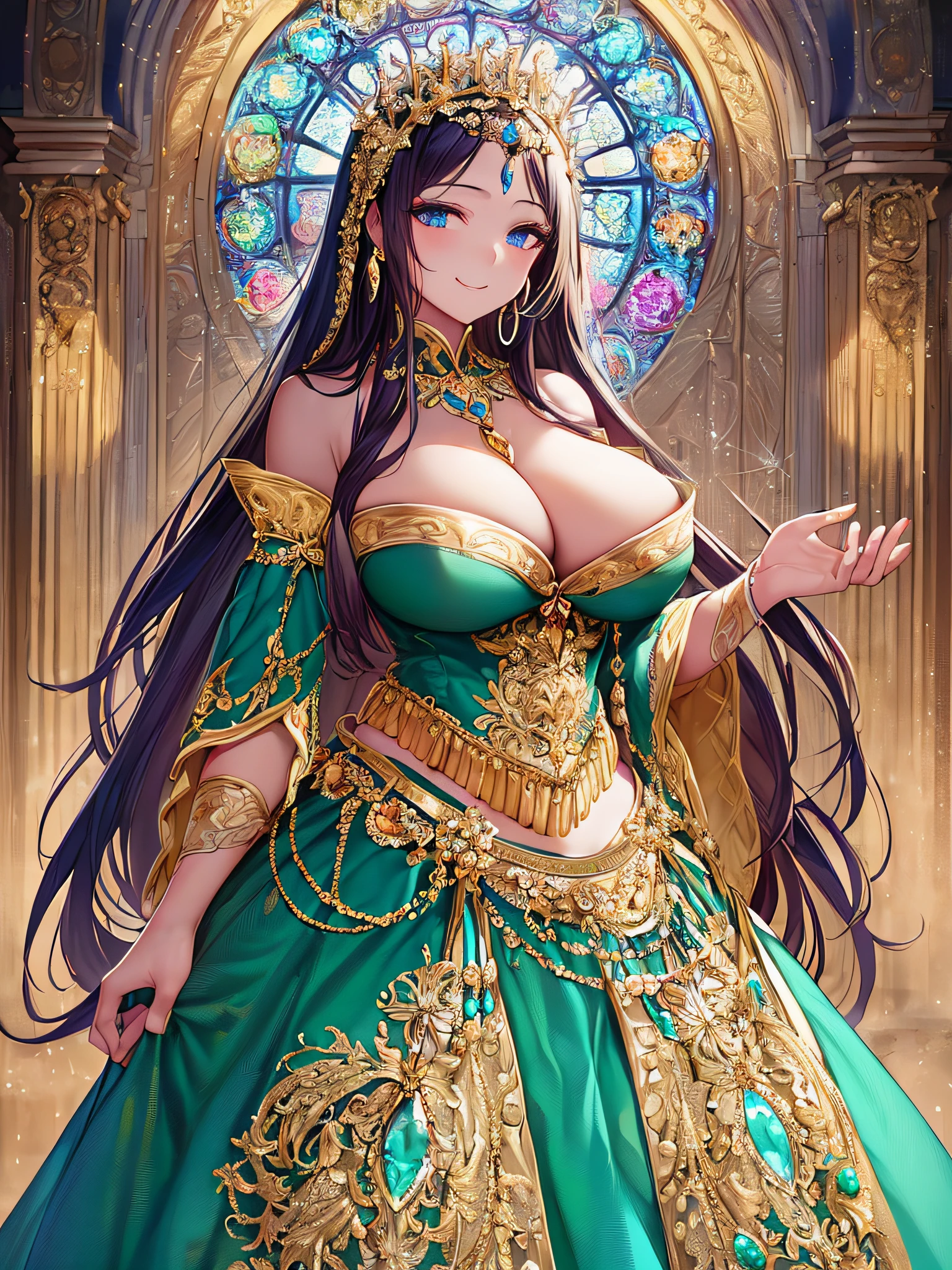 (anime artstyle),((Masterpiece,Best Quality,Super Detail,Very Delicate and Beautiful)),Solo,((full body,standing picture)),standing in the sacred cathedral,((Sacred atmosphere)),((1 divine High Priestess in beautiful embroidery and jeweled gorgeous rococo ballgown with voluminous full length hoop skirt)),(crinoline),gorgeousfull embroidery,(gorgeous gemstone jewelry),(detailed face and eyes),jewel-like eyes,(smile),((large amount of straight hair,extremely Long voluminous Hair)),((gigantic tits,Long tits,skindentation)),gorgeousfull embroidery,cleavage,extremely gorgeousfull hair ornament,(bling-bling extremely gorgeousfull jeweled tiara),gorgeous corsage,Stained glass,(Dynamic Angle),Looking at viewer,((full body)),((beautiful embroidery and jeweled divine and gorgeous rococo ballgown with voluminous full length hoop skirt))