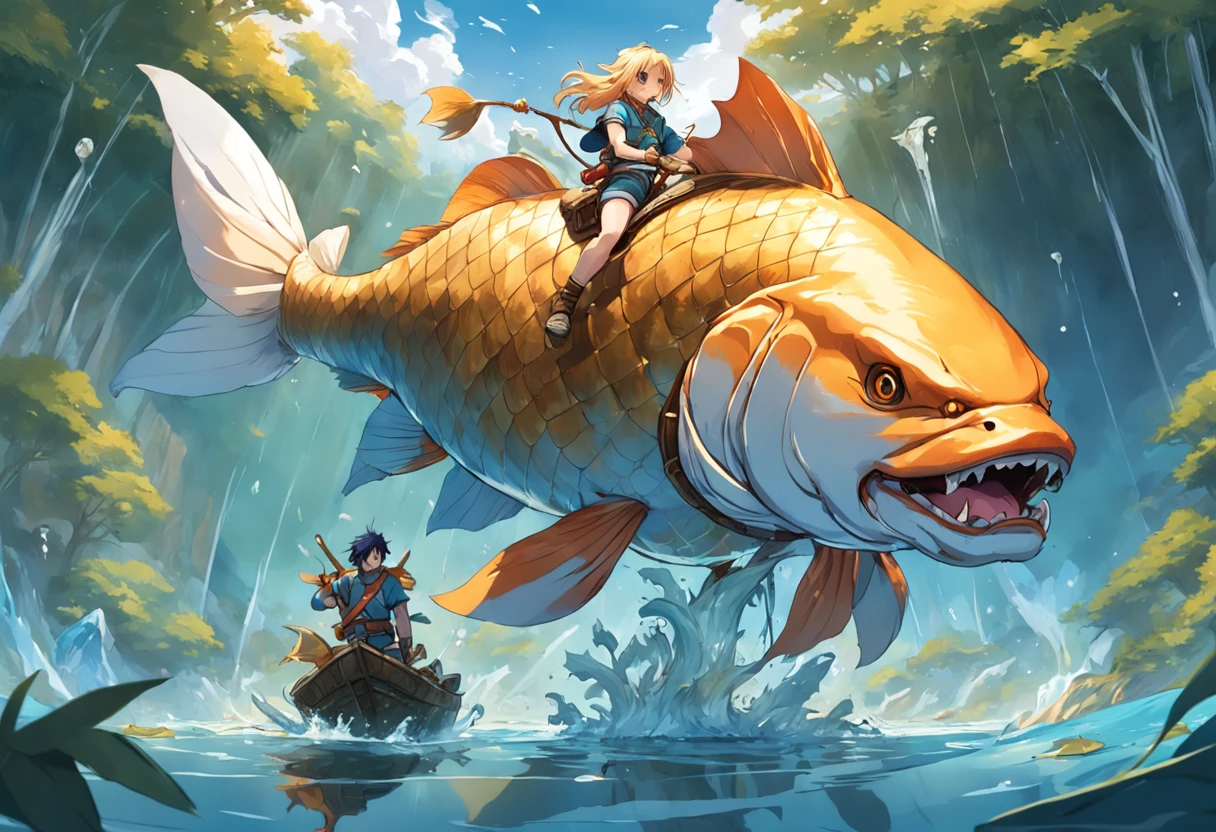 Illustration of adventurer riding giant carp on the water. The stage of the illustration is a huge lake. The water of the lake is crystal clear. A huge carp floats in the middle of the lake. An adventurer rides on the back of a carp. Adventurers manipulate carp with brave expressions. Additionally, You can add the following elements: Adventurers carry weapons such as swords and bows. Carp have golden scales. Koi jumps and makes a sharp turn out of the water,Carry adventurers. Break, Adventurers search for hidden treasures on the island. I heard that the treasure is hidden on an island in the middle of the lake. An adventurer decides to ride a giant carp across the lake. With the help of carp, Adventurers arrive at Treasure Island. In this scene, Adventurers are trying to overcome difficulties and achieve their goals with the help of giant carp. Koi also responds and gives courage and determination to adventurers.