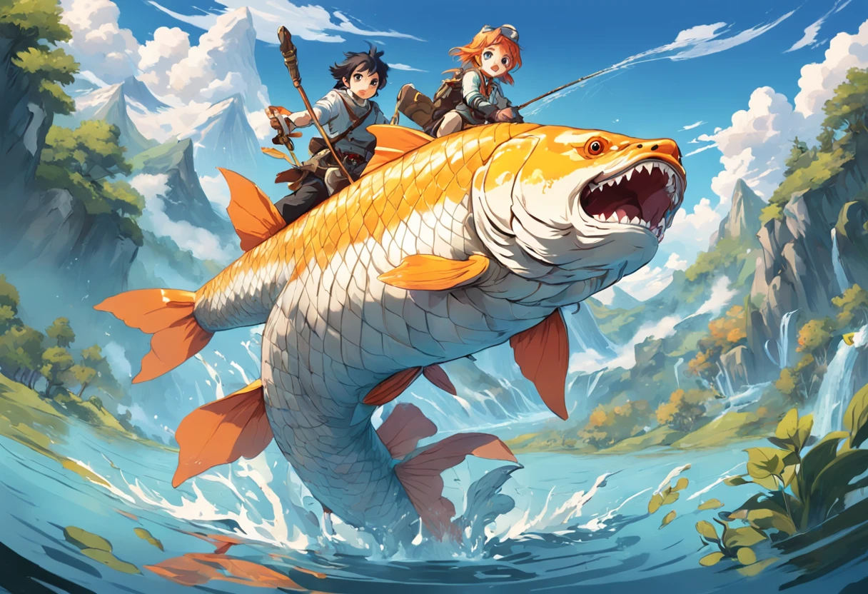 Illustration of adventurer riding giant carp on the water. The stage of the illustration is a huge lake. The water of the lake is crystal clear. A huge carp floats in the middle of the lake. An adventurer rides on the back of a carp. Adventurers manipulate carp with brave expressions. Additionally, You can add the following elements: Adventurers carry weapons such as swords and bows. Carp have golden scales. Koi jumps and makes a sharp turn out of the water,Carry adventurers. Break, Adventurers search for hidden treasures on the island. I heard that the treasure is hidden on an island in the middle of the lake. An adventurer decides to ride a giant carp across the lake. With the help of carp, Adventurers arrive at Treasure Island. In this scene, Adventurers are trying to overcome difficulties and achieve their goals with the help of giant carp. Koi also responds and gives courage and determination to adventurers.