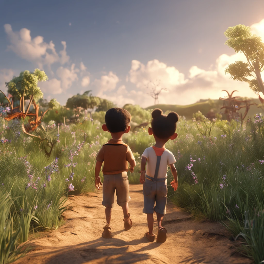 movie picture quality,Disney animation,style of disney animation,Disney movie animation,3D movies,China-style,Baby playing in a country field,Short hair and small braids,Denim suspenders,The barefoot,depth of fields,high light,Real light,Ray traching,oc rendered,Hyper-realistic,best qualtiy,8K,Works of masters,super-fine,Detailed pubic hair,Correct anatomy,sharp focus on eyes,Bokeh,Facial features are carefully depicted