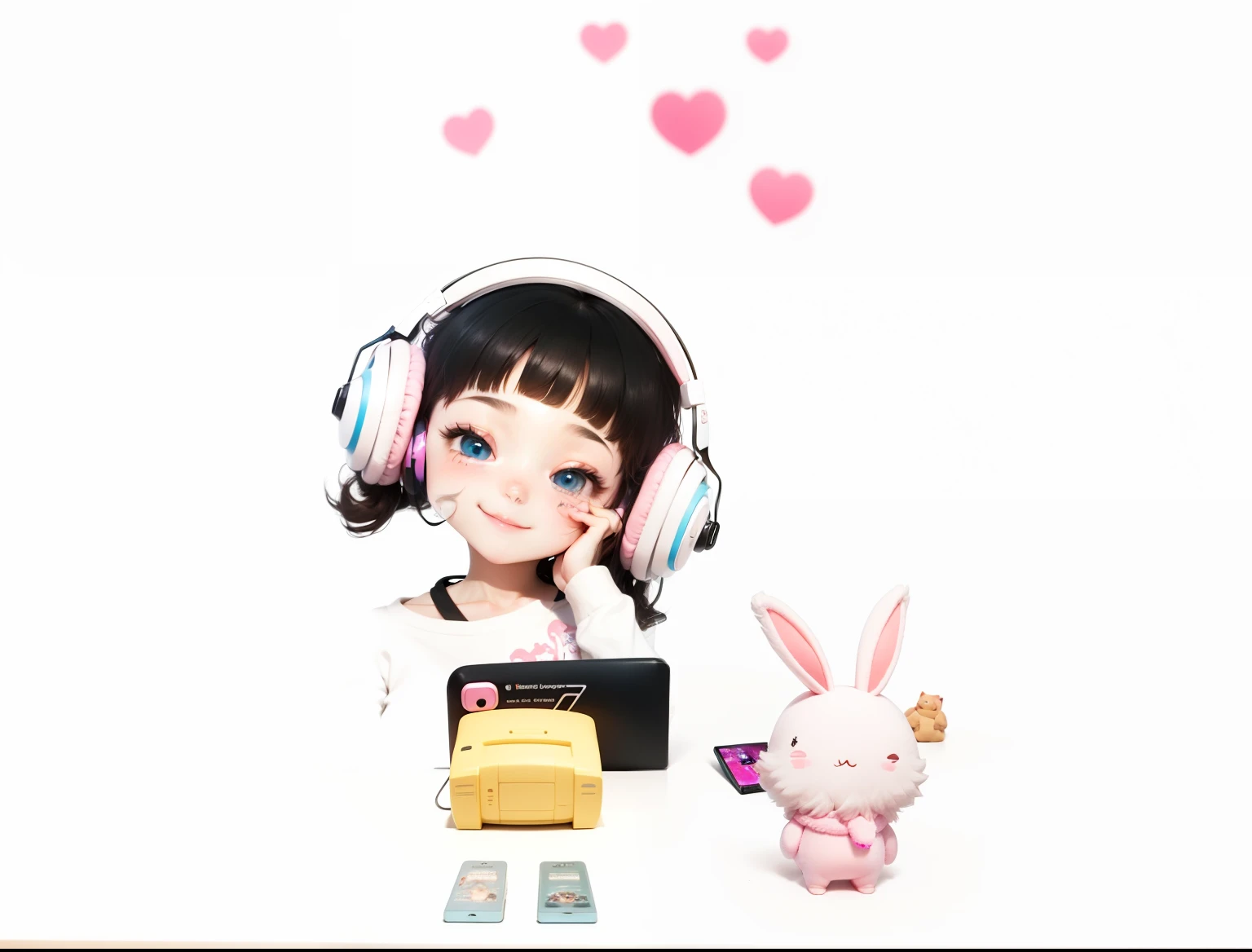 beautiful eye, smile, gaming girl, cheerful expression, fluffy pink hair, long and wavy, twinkling blue eyes, pink pajamas, cute cat ear headphones in pastel colors, cross-legged pose, playing a handheld game console, a soft and fluffy room background, plush toys scattered around, pastel-colored pillows, warm glow from a nearby desk lamp, fuzzy carpet under her, game console screen glowing with vibrant colors, fluffy slippers peeking out from under her pajamas, soft shadows adding depth to her surroundings, light from the game console illuminating her face, focus and enjoyment evident in her eyes, fingers deftly moving over the game controls, soft blush on her cheeks, strands of hair falling over her face, a happy grin lighting up her face, headphones adorned with cute cat-themed details, ear tufts and pink accents, her posture relaxed and comfortable, colorful game posters adorning the walls, game-themed trinkets and figurines on shelves in the background, a comfortable gaming chair behind her, hint of a giggle escaping from her lips, relaxed and cozy atmosphere, gentle, playful and carefree, pillows and plush toys mirroring her love for games, fluffy and soft textures contrasting with the sharp glow of the game screen, overall scene full of cuteness and fun