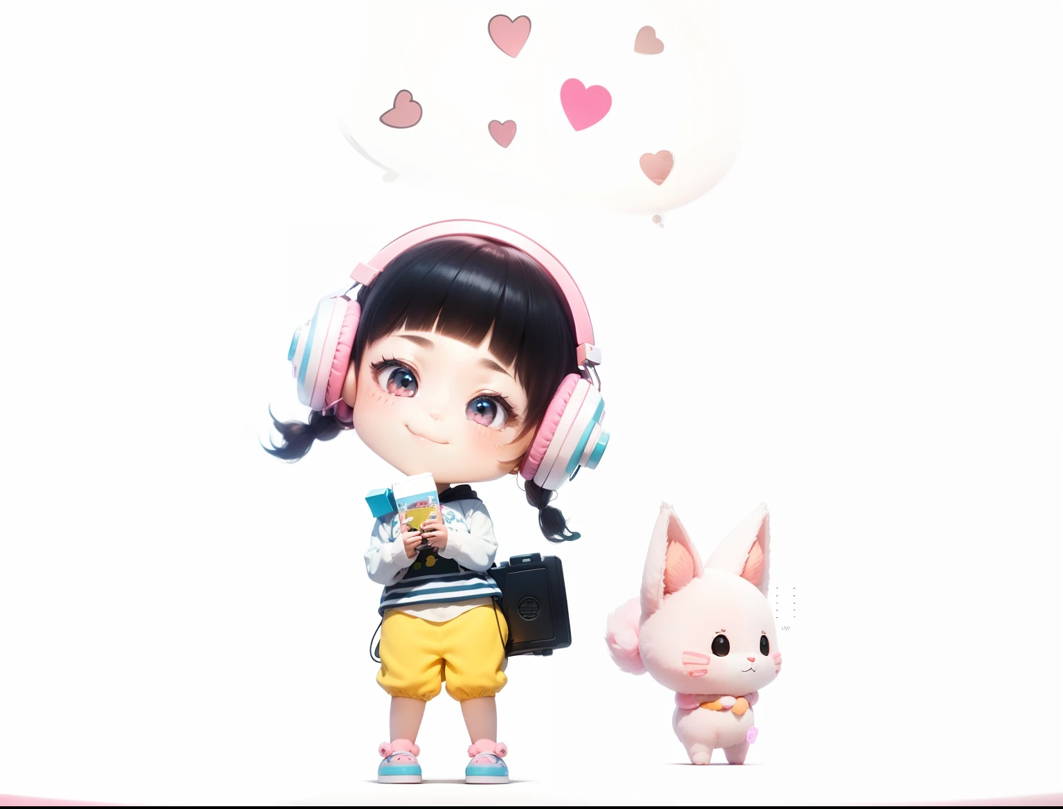 beautiful eye, smile, gaming girl, cheerful expression, fluffy pink hair, long and wavy, twinkling blue eyes, pink pajamas, cute cat ear headphones in pastel colors, cross-legged pose, playing a handheld game console, a soft and fluffy room background, plush toys scattered around, pastel-colored pillows, warm glow from a nearby desk lamp, fuzzy carpet under her, game console screen glowing with vibrant colors, fluffy slippers peeking out from under her pajamas, soft shadows adding depth to her surroundings, light from the game console illuminating her face, focus and enjoyment evident in her eyes, fingers deftly moving over the game controls, soft blush on her cheeks, strands of hair falling over her face, a happy grin lighting up her face, headphones adorned with cute cat-themed details, ear tufts and pink accents, her posture relaxed and comfortable, colorful game posters adorning the walls, game-themed trinkets and figurines on shelves in the background, a comfortable gaming chair behind her, hint of a giggle escaping from her lips, relaxed and cozy atmosphere, gentle, playful and carefree, pillows and plush toys mirroring her love for games, fluffy and soft textures contrasting with the sharp glow of the game screen, overall scene full of cuteness and fun