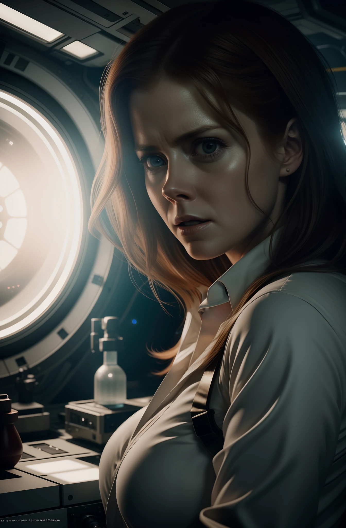 Hot terrified Amy Adams as a Scientist Hiding on Ishimura Horror Space Ship photography, natural light, photorealism, cinematic rendering, ray tracing, the highest quality, the highest detail, Cinematic, Third-Person View, Blur Effect, Long Exposure, 8K, Ultra-HD, Natural Lighting, Moody Lighting, Cinematic Lighting