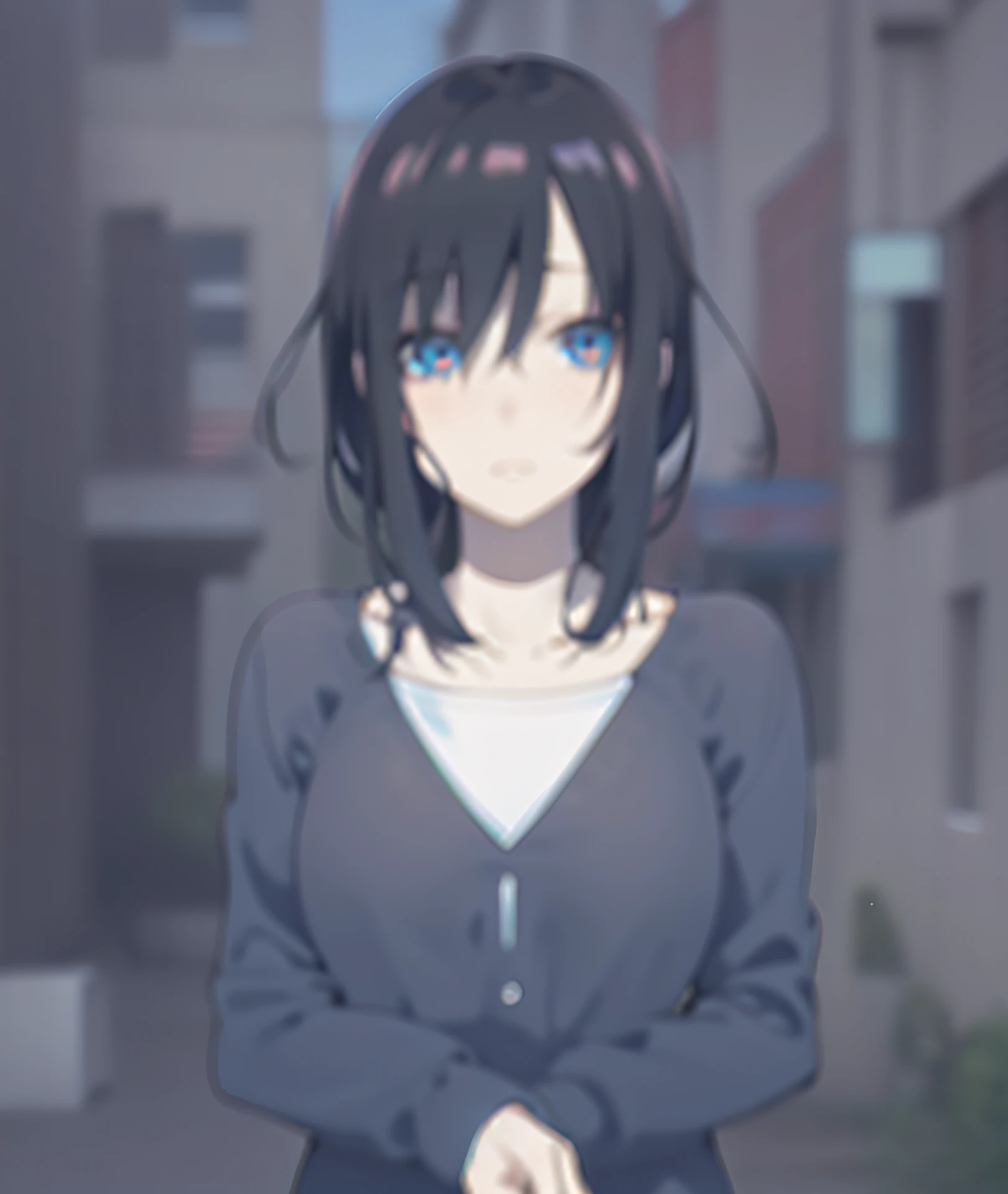 Anime girl with blue eyes and black hair standing in front of the building, anime visual of a cute girl, anime visual of a young woman, screenshot from guro anime, animated still, still from tv anime, fubuki, anime moe art style, saori, anime girl named lucy, gapmoe yandere, female anime character, in the anime film