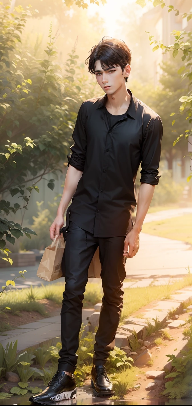Handsome boy black dress and brand logo