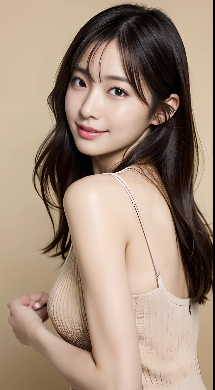 ((​Masterpiece, Top image quality, high resolution、alone、skin shiny))(on the table, best quality, (medium breasts:1.5),actual, super detailed, meticulous, high resolution, 8k wallpaper), Close-up portrait of a beautiful woman, like, smiling, light brown messy hair, Perfect dynamic composition, 美丽meticulous的眼睛, Just like the cover of a fashion magazine, on campus，Gorgeous costumes，hot stamping clothing，