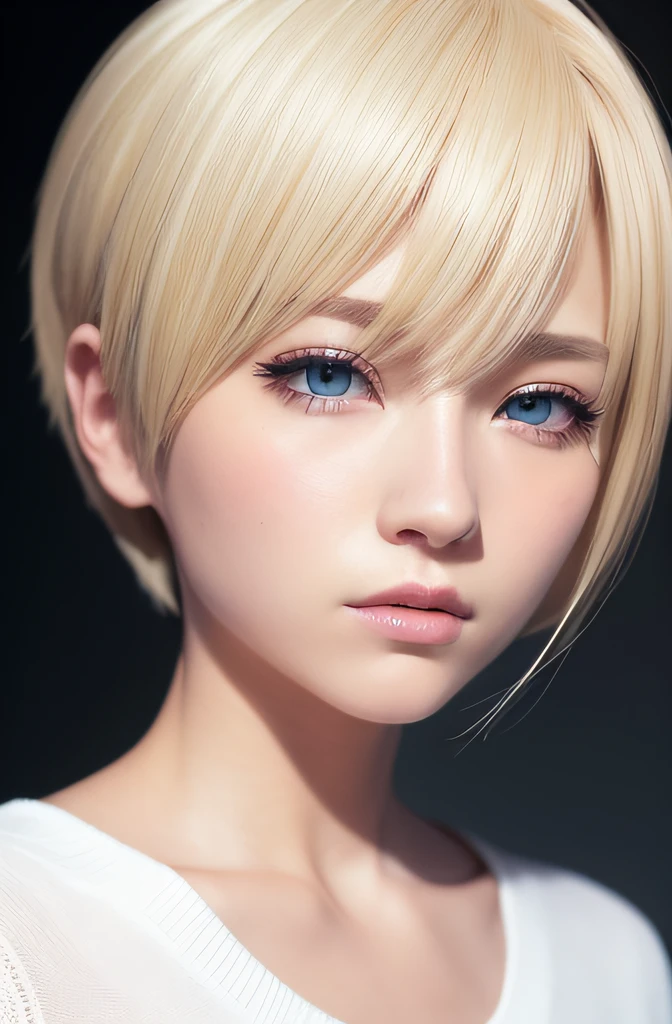 masutepiece、((Lifelike face))、(a blond、Boyish short-haired)、（Jaw size）、［Lip thickness］、［Distance between nose and eyes］、Lashes are modest、［Nose height］、［Hanging］、［photorealistic anime girl render］、（Less hair on the side in the foreground）、((back hair is short))、There is a slight distance between the eyes、（Calm eyes）、Blue eyes、Crystal clear white skin、Thin contours、１８Year old woman、、［Portrait of extreme beauty］、realistic anime 3 d style、render of a cute 3d anime girl、Whole face