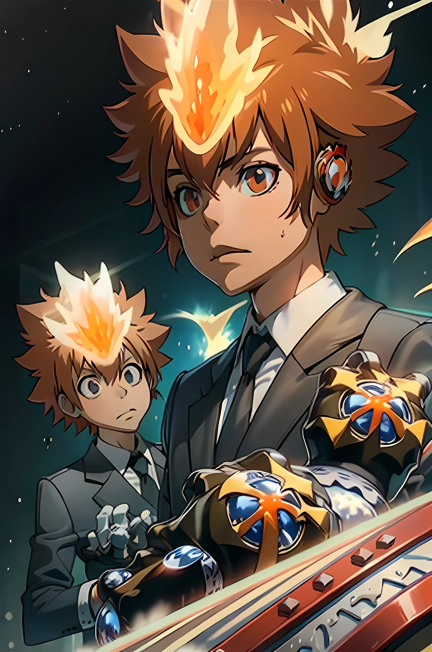 high-end portrait of a boy wearing a Sawada Tsuna suit, avec des cheveux pointus et des yeux orange, sur fond blanc.